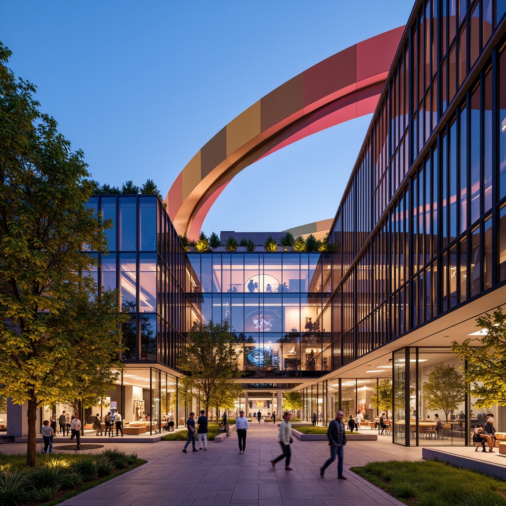 Prompt: Vibrant cultural center, undulating curves, dynamic LED lighting, translucent glass fa\u00e7ade, cantilevered rooflines, grand entrance plaza, water feature installations, lush green walls, natural stone cladding, modern minimalist architecture, angular lines, bold color schemes, geometric patterns, intricate mosaics, ornate metalwork, grand atrium spaces, soft warm lighting, shallow depth of field, 1/1 composition, realistic textures, ambient occlusion.