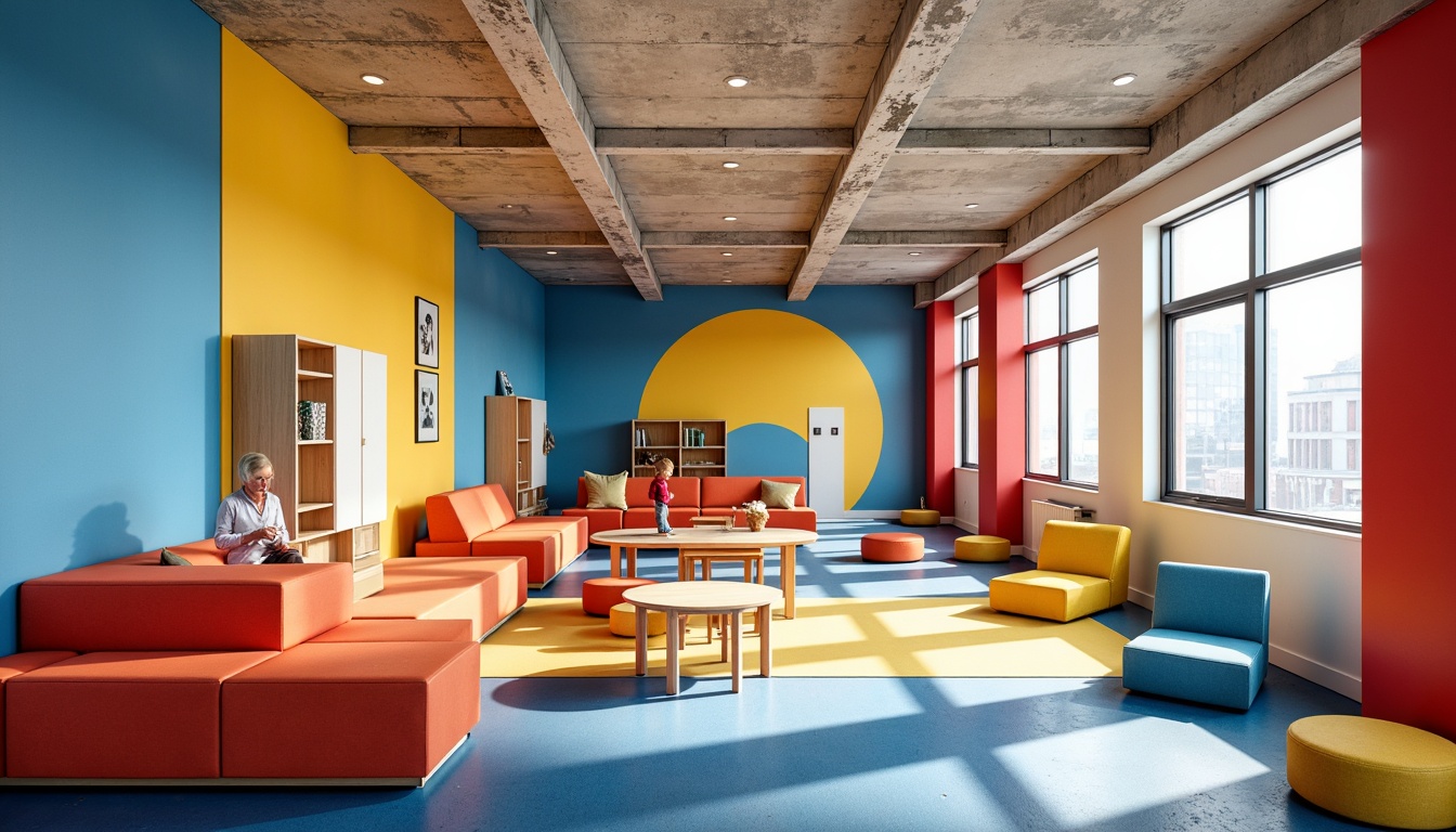 Prompt: Vibrant constructivist school, bold geometric shapes, primary color scheme, bright red accents, deep blue tones, yellow highlights, white concrete walls, industrial metal beams, exposed ductwork, minimalist furniture, functional design, open floor plans, collaborative learning spaces, natural light pouring in, softbox lighting, shallow depth of field, 1/1 composition, realistic textures, ambient occlusion.