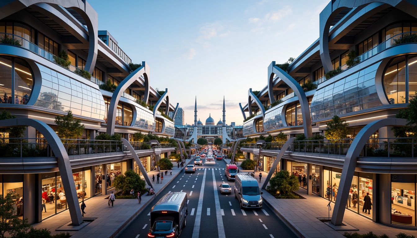 Prompt: Futuristic transportation hub, sleek metallic fa\u00e7ades, dynamic LED lighting, curved glass roofs, cantilevered structures, modern angular lines, high-tech materials, sustainable energy systems, solar panels, wind turbines, green roofs, eco-friendly infrastructure, vibrant colorful accents, intricate geometric patterns, bustling urban atmosphere, morning rush hour, soft warm lighting, shallow depth of field, 3/4 composition, panoramic view, realistic textures, ambient occlusion.