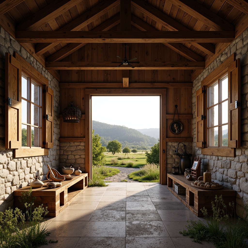 Prompt: Rustic barn, wooden beams, vintage farm tools, natural stone walls, earthy tones, soft warm lighting, large windows, wooden shutters, ornate metal hinges, distressed wood textures, rural landscape, rolling hills, green pastures, wildflowers, sunny day, shallow depth of field, 3/4 composition, panoramic view, realistic textures, ambient occlusion.