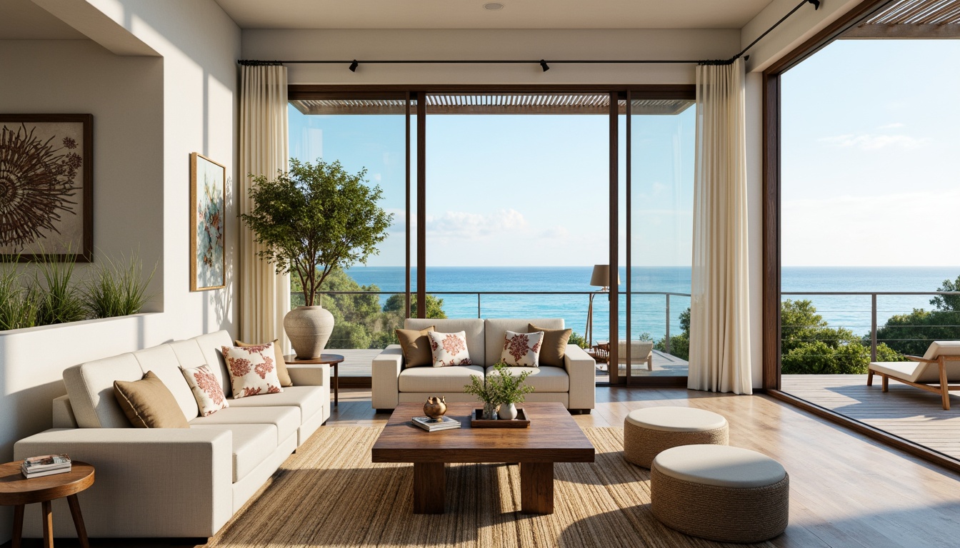 Prompt: Coastal living room, ocean-inspired color palette, driftwood accents, natural textiles, woven sea grass rugs, coral-patterned throw pillows, nautical-themed decorative objects, floor-to-ceiling windows, sliding glass doors, beachy vibe, soft warm lighting, shallow depth of field, 3/4 composition, panoramic view, realistic textures, ambient occlusion, modern minimalist furniture, reclaimed wood coffee table, comfortable linen sofas, ocean-breeze sound effects.