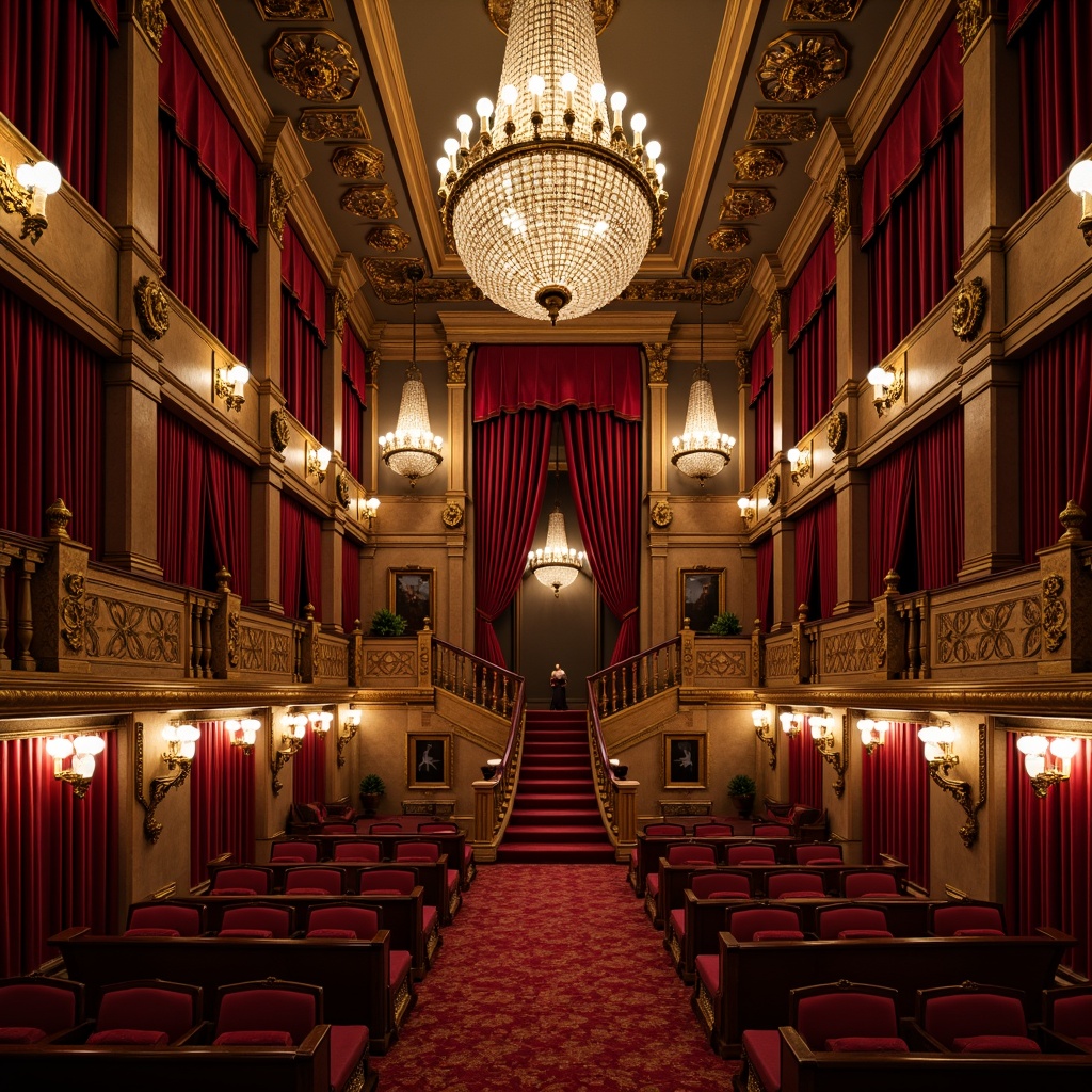 Prompt: Ornate cinema palace, luxurious velvet curtains, golden ornamental details, rich wood paneling, intricate plasterwork, grandiose chandeliers, red carpeted stairs, opulent furnishings, Baroque-inspired architecture, warm soft lighting, shallow depth of field, 1/1 composition, cinematic camera angles, realistic textures, ambient occlusion, dramatic shadows, high-contrast lighting, mysterious atmosphere.