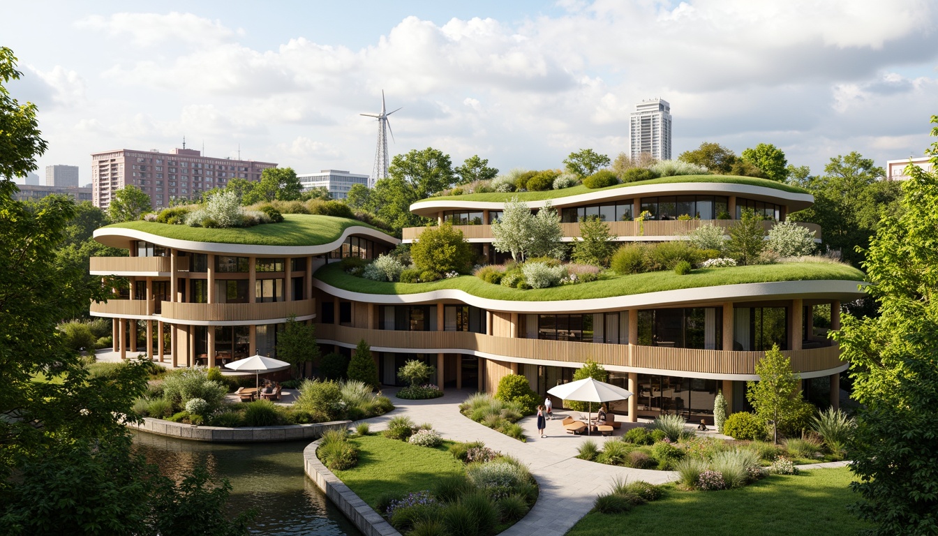 Prompt: Eco-friendly building, lush green roofs, solar panels, wind turbines, rainwater harvesting systems, recycled materials, natural ventilation, large windows, minimal carbon footprint, energy-efficient systems, sustainable urban planning, vibrant green walls, living walls, vertical gardens, organic shapes, curved lines, earthy tones, warm natural lighting, shallow depth of field, 1/1 composition, realistic textures, ambient occlusion.