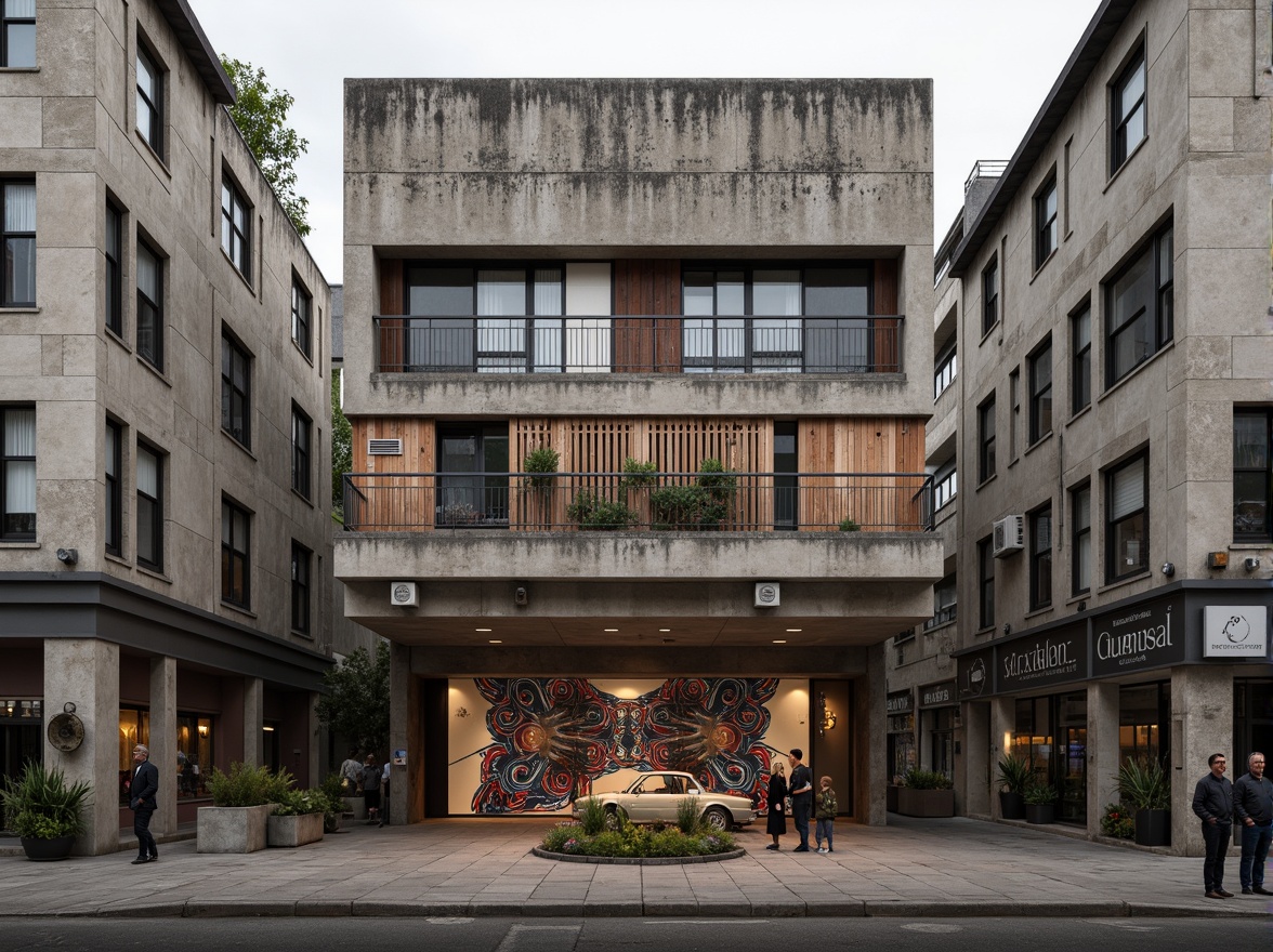 Prompt: Rustic constructivist building, exposed concrete walls, rough stone textures, metallic accents, industrial pipes, reclaimed wood planks, distressed finishes, brutalist fa\u00e7ade, geometric patterns, abstract murals, urban cityscape, overcast sky, dramatic shadows, high-contrast lighting, 1/1 composition, symmetrical framing, realistic renderings, ambient occlusion.