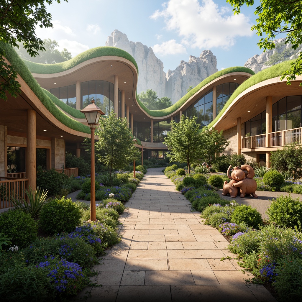 Prompt: Whimsical zoo entrance, undulating organic forms, vibrant green roofs, wavy wooden structures, playful animal sculptures, natural stone walls, curved glass facades, biomimetic architecture, futuristic blob-like buildings, iridescent colors, shimmering textures, soft warm lighting, shallow depth of field, 1/1 composition, panoramic view, realistic renderings, ambient occlusion, lush vegetation, tropical plants, misty atmosphere, morning sunlight.