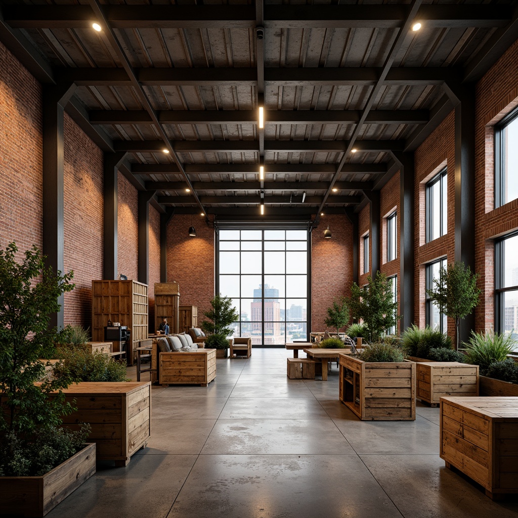 Prompt: Rustic warehouse, exposed brick walls, metal beams, wooden crates, industrial lighting, concrete floors, steel frames, corrugated metal roofs, reclaimed wood accents, earthy color palette, natural textures, urban landscape, cityscape views, functional design, open spaces, minimal ornamentation, raw finishes, distressed materials, vintage machinery, eclectic decor, warm atmospheric lighting, shallow depth of field, 1/1 composition, realistic renderings.