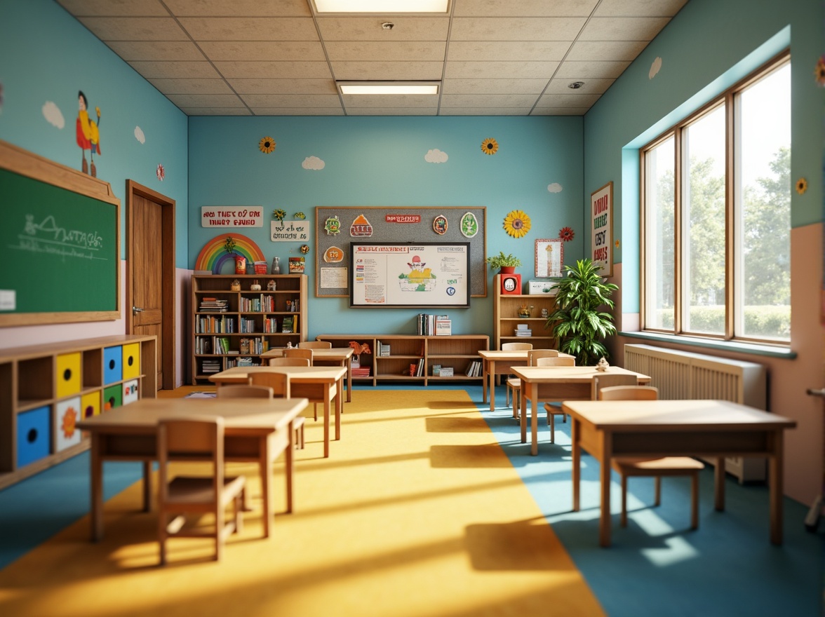 Prompt: Vibrant elementary school, playful kindergarten, bright corridors, educational murals, colorful lockers, wooden desks, green chalkboards, inspirational quotes, motivational posters, soft carpeted floors, natural wood accents, earthy tone walls, calming blue ceilings, warm yellow lighting, shallow depth of field, 1/1 composition, realistic textures, ambient occlusion.