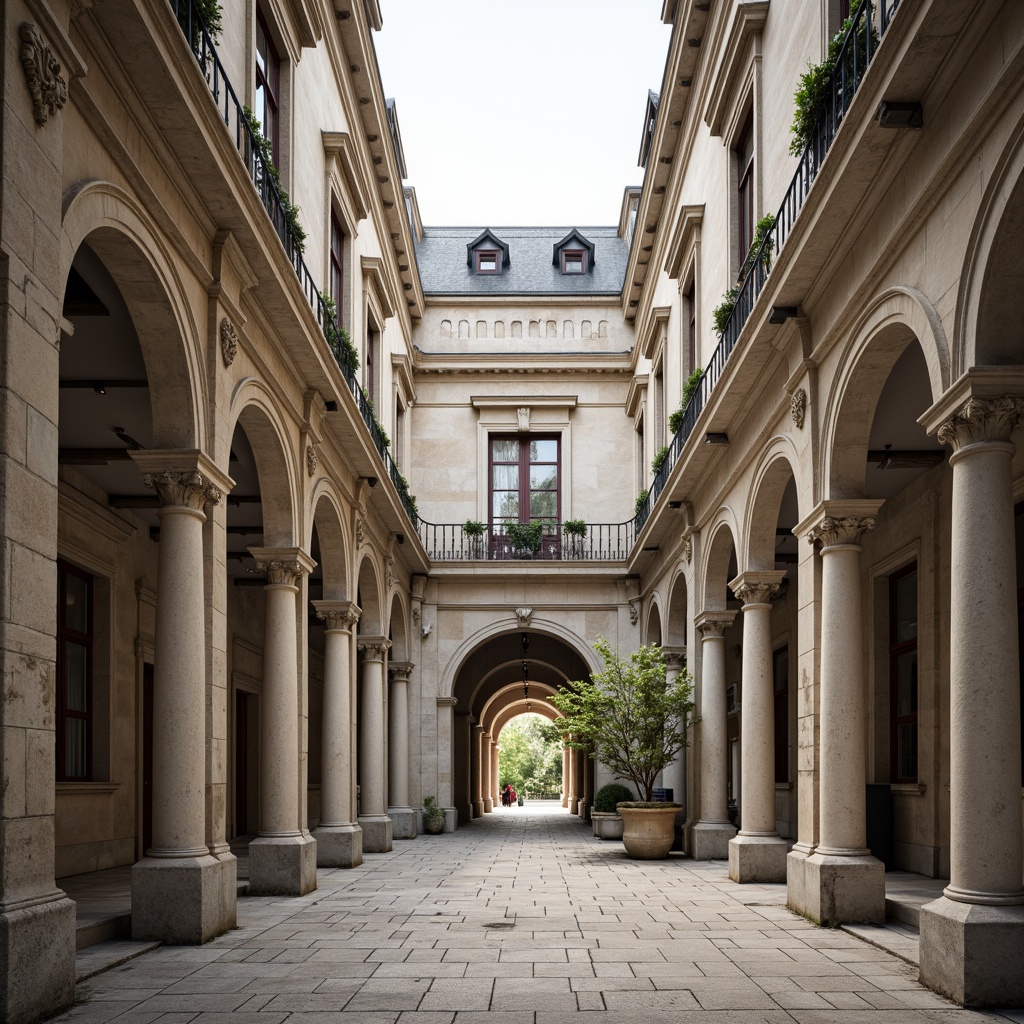 Prompt: Grandiose columns, ornate capitals, fluted shafts, classical orders, Corinthian pilasters, symmetrical facades, rusticated bases, arched windows, pedimented roofs, carved stone decorations, intricate moldings, subtle color palette, natural light illumination, shallow depth of field, 1/1 composition, realistic textures, ambient occlusion.