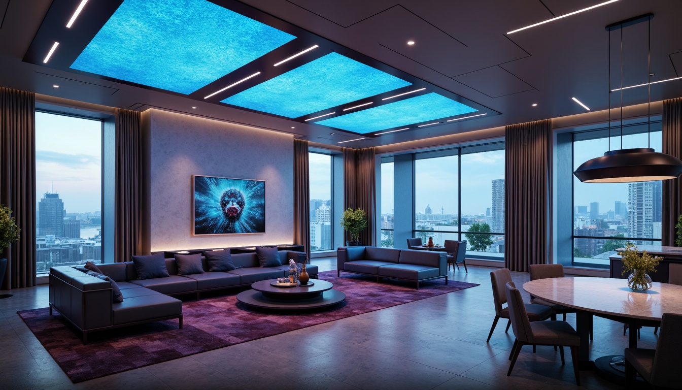 Prompt: Futuristic living room, sleek metallic walls, minimalist decor, angular lines, LED lighting strips, holographic displays, virtual reality zones, smart home systems, automated curtains, floor-to-ceiling windows, panoramic city views, open-plan kitchen, futuristic appliances, induction cooktops, circular dining tables, ergonomic chairs, ambient occlusion, soft neon glow, shallow depth of field, 3/4 composition, realistic textures.