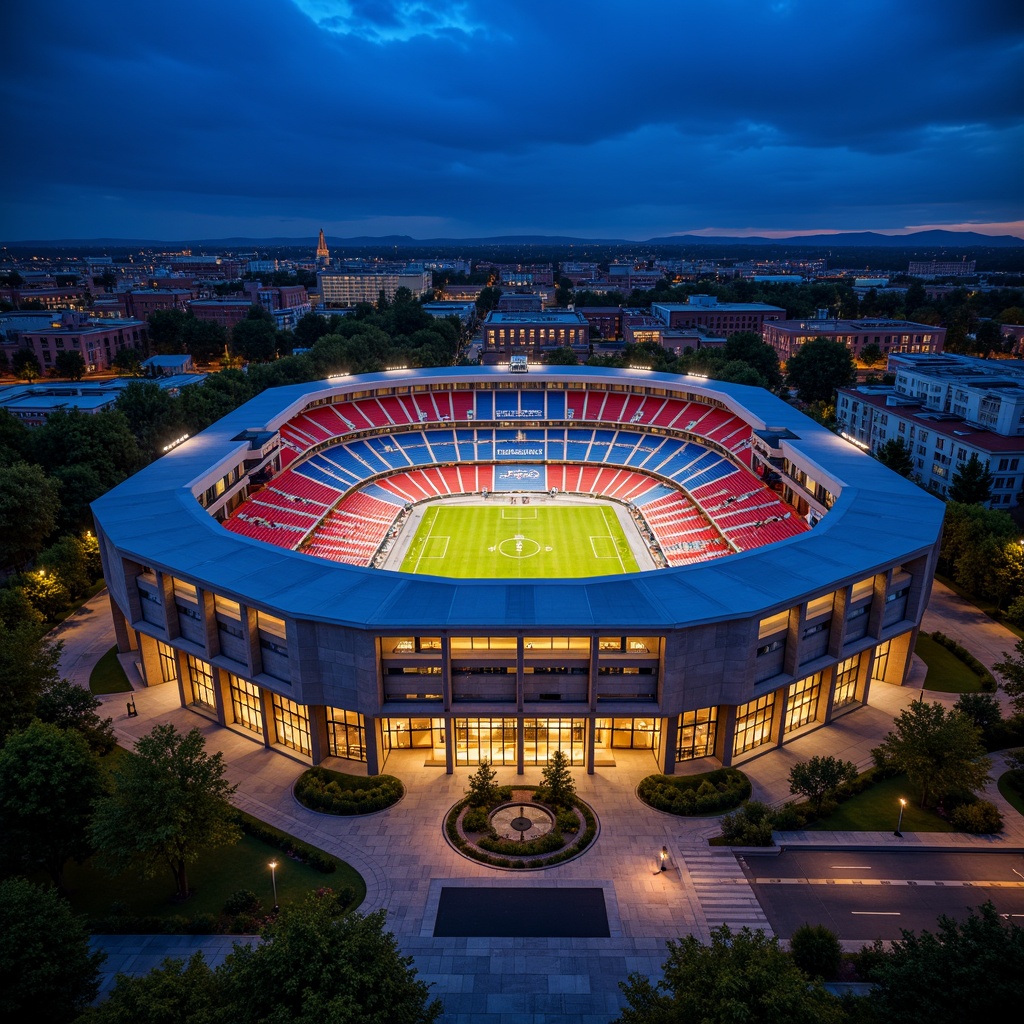 Prompt: Bauhaus-inspired stadium architecture, bold primary colors, bright red accents, deep blue tones, yellow highlights, geometric shapes, industrial materials, exposed concrete structures, steel beams, minimalist design, functional aesthetics, modernist influences, urban landscape, cityscape views, dramatic nighttime lighting, floodlights, vibrant color contrasts, high-contrast shadows, 1/1 composition, symmetrical framing, realistic textures, ambient occlusion.