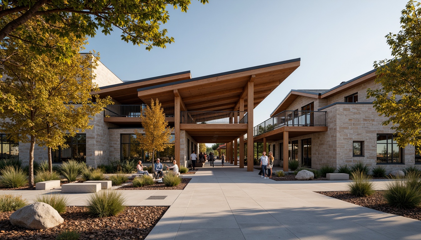 Prompt: Rustic visitor center, wooden accents, natural stone walls, earthy tones, cantilevered roofs, large overhangs, exposed beams, steel frames, reinforced foundations, seismic design, wind-resistant structures, impact-resistant materials, safety railings, accessible ramps, wide entrances, open floor plans, minimal columns, abundant natural light, soft warm lighting, shallow depth of field, 3/4 composition, panoramic view, realistic textures, ambient occlusion.