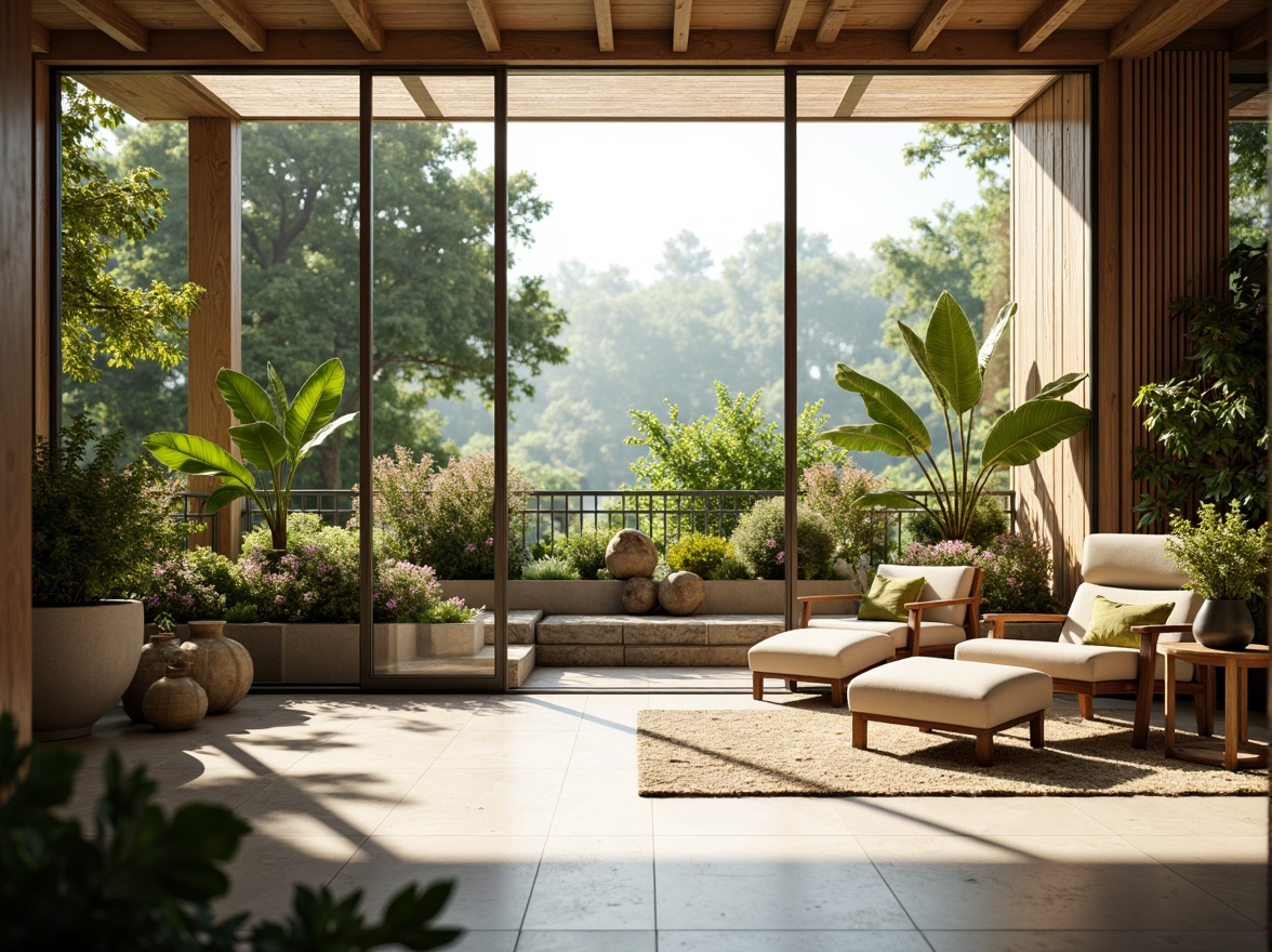 Prompt: Bright airy interior, floor-to-ceiling windows, sliding glass doors, natural stone flooring, wooden accents, lush greenery, vibrant flowers, modern minimalist decor, soft warm lighting, shallow depth of field, 3/4 composition, panoramic view, realistic textures, ambient occlusion.