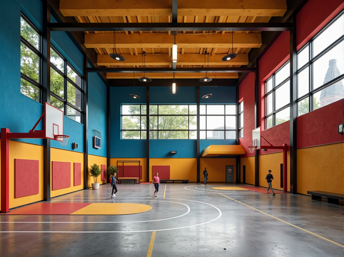 Prompt: Vibrant Bauhaus gymnasium, bold primary colors, geometric shapes, industrial materials, exposed ductwork, polished concrete floors, minimalist decor, functional lighting, athletic equipment, basketball hoops, running tracks, modernist architecture, rectangular windows, steel beams, urban surroundings, cloudy day, soft diffused lighting, shallow depth of field, 1/1 composition, realistic textures, ambient occlusion.