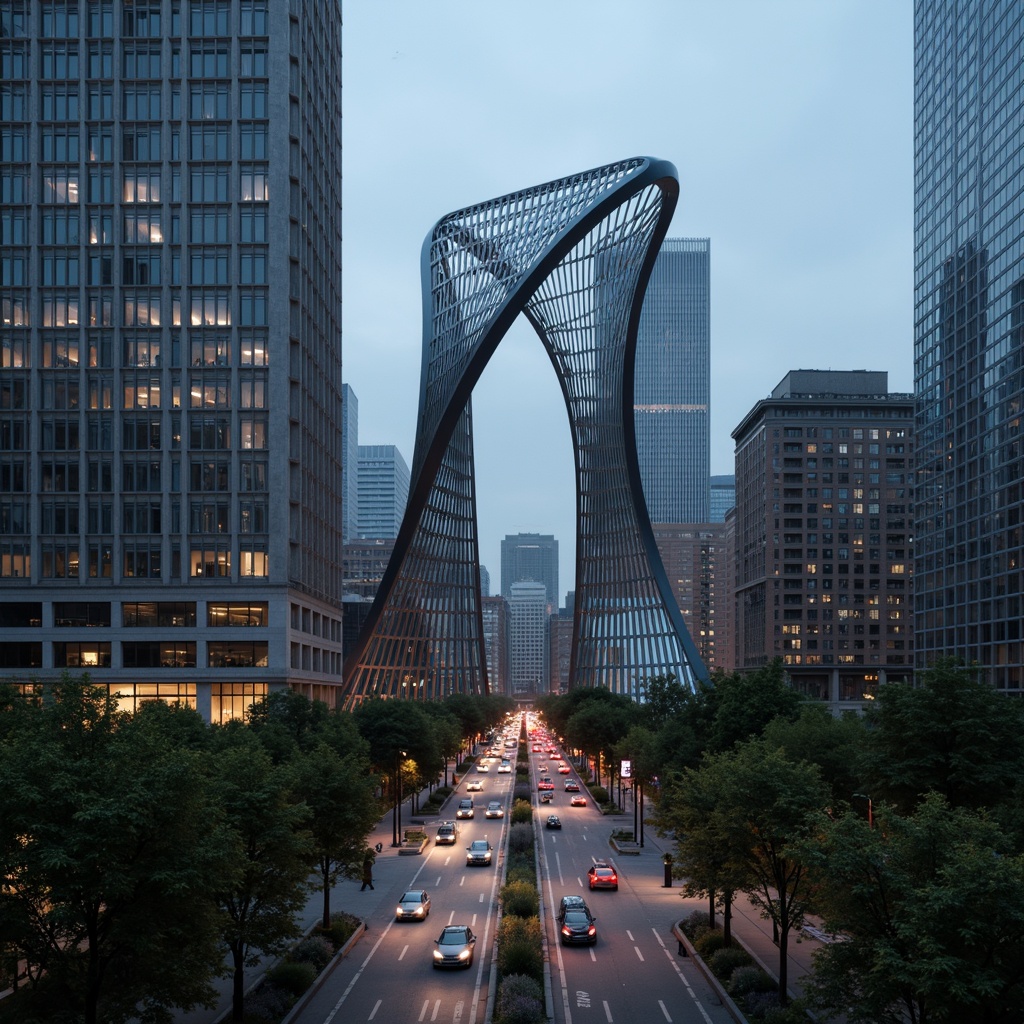 Prompt: Curved bridge silhouette, dynamic sculptural forms, metallic materials, reflective surfaces, urban cityscape, busy traffic flow, pedestrian walkways, cyclist paths, modern architectural style, abstract geometric patterns, LED lighting systems, nighttime illumination, misty atmospheric effects, shallow depth of field, 1/1 composition, symmetrical framing, realistic textures, ambient occlusion.