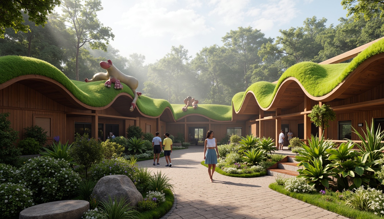 Prompt: Whimsical zoo entrance, undulating organic forms, vibrant green roofs, wavy wooden structures, natural stone walls, playful animal sculptures, meandering pathways, lush tropical plants, exotic flowers, misty atmosphere, soft warm lighting, shallow depth of field, 1/1 composition, panoramic view, realistic textures, ambient occlusion, futuristic biomimicry elements, curved lines, irregular shapes, earthy color palette, natural ventilation systems, eco-friendly materials, innovative water features.