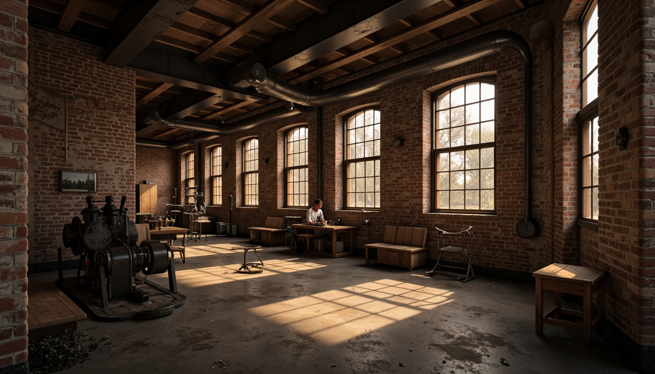 Prompt: Rustic industrial landscape, abandoned factories, distressed brick walls, metal pipes, worn concrete floors, vintage machinery, exposed ductwork, dimly lit atmosphere, warm golden lighting, shallow depth of field, 1/1 composition, realistic textures, ambient occlusion, muted color palette, earthy tones, weathered wood accents, metallic sheen, industrial-grade materials, functional design elements, utilitarian aesthetic, urban decay, post-apocalyptic ambiance.