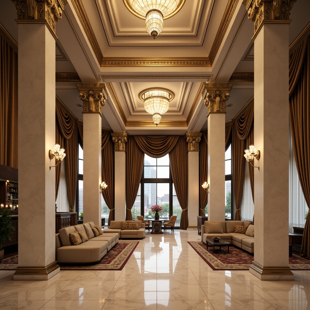 Prompt: Grand hotel lobby, ornate columns, intricately carved capitals, polished marble floors, elegant chandeliers, luxurious furnishings, rich velvet drapes, golden accents, symmetrical composition, classical arches, ornamental moldings, subtle lighting, warm beige tones, refined textures, shallow depth of field, 1/1 composition, realistic reflections, ambient occlusion.