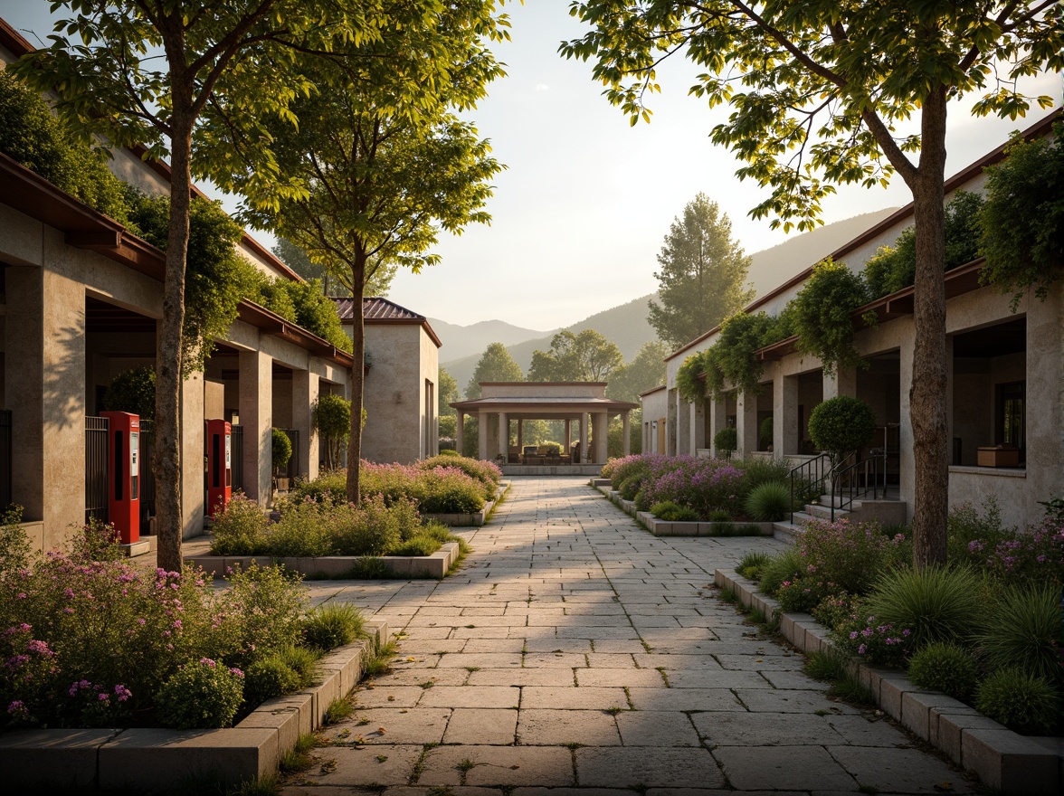 Prompt: Rustic charging station, Romanesque arches, stone walls, green roofs, lush vines, blooming flowers, natural stone pathways, ornate metal lanterns, warm golden lighting, soft misty atmosphere, shallow depth of field, 1/1 composition, symmetrical view, realistic textures, ambient occlusion, rolling hills, serene countryside, meandering streams, ancient trees, sunny afternoon, gentle breeze.