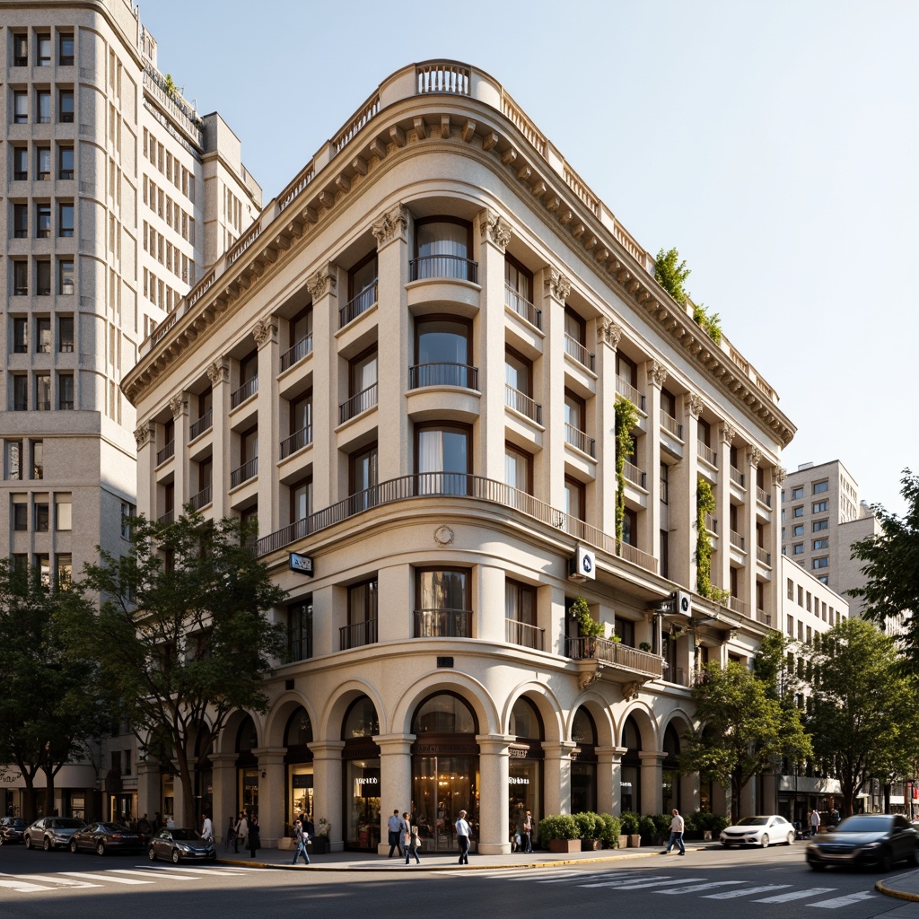 Prompt: Grandiose neoclassical building, ornate facade details, Corinthian columns, symmetrical composition, elegant arches, intricate carvings, ornamental moldings, luxurious marble materials, subtle cream colors, soft golden lighting, shallow depth of field, 1/1 composition, realistic textures, ambient occlusion, urban cityscape, busy streets, historic landmarks, vibrant cultural atmosphere.