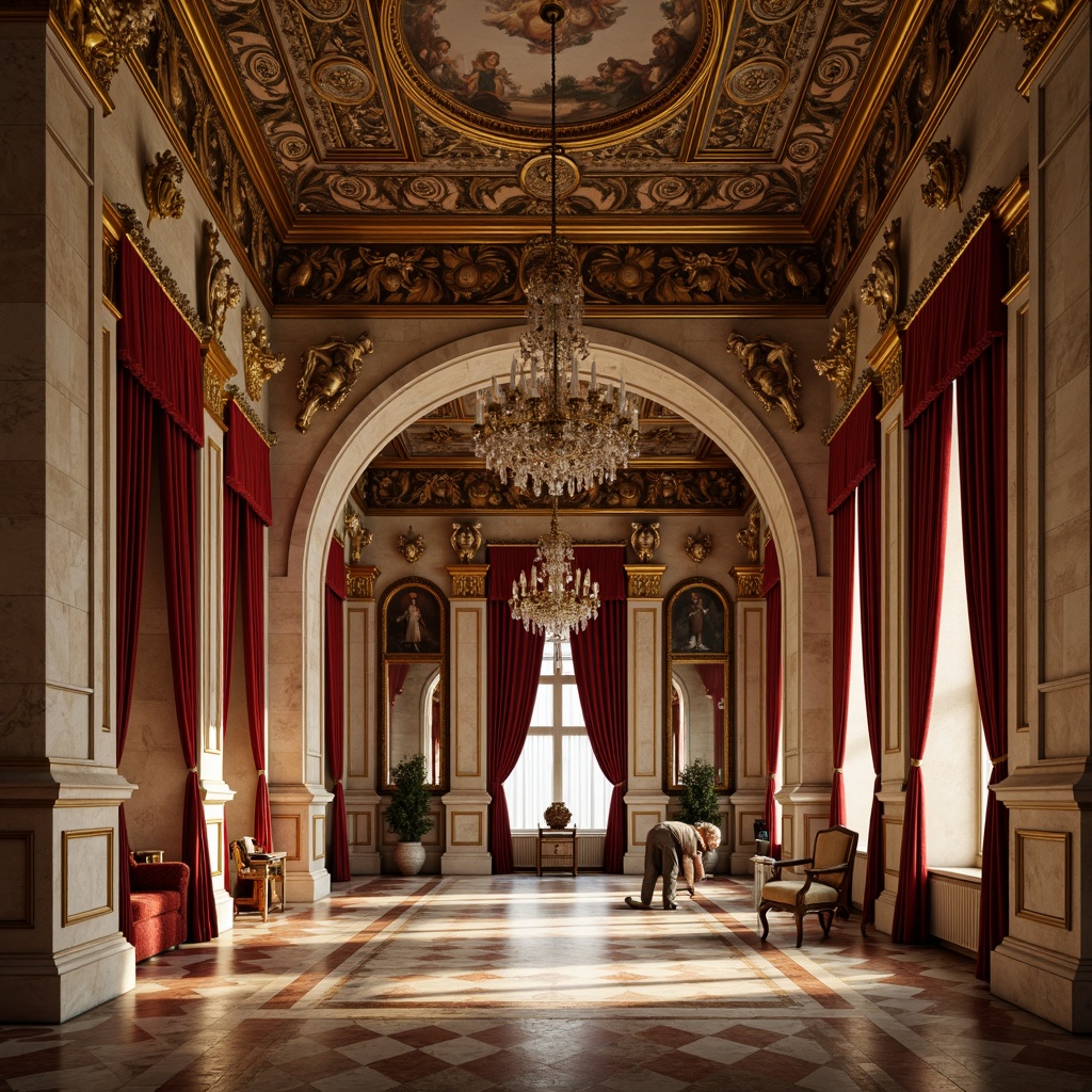 Prompt: Ornate Baroque palace, grandiose golden accents, rich velvet drapes, intricate stone carvings, ornamental frescoes, lavish chandeliers, warm beige stonework, soft cream marble, luxurious crimson fabrics, dramatic shadows, warm candlelight, high contrast lighting, 1/2 composition, symmetrical framing, realistic textures, ambient occlusion.