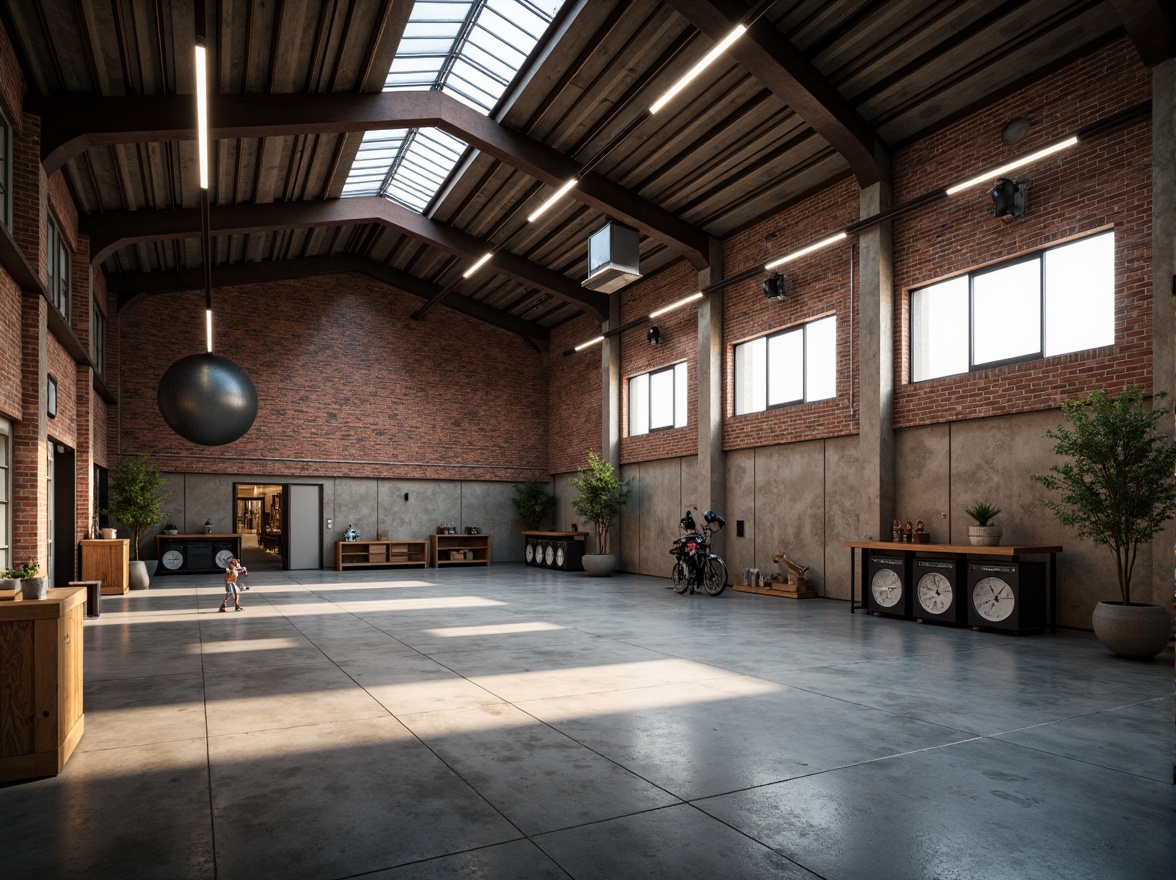 Prompt: Industrial warehouse interior, exposed ductwork, metal beams, concrete floors, rustic brick walls, high ceilings, natural light pouring through skylights, warm ambient lighting, softbox lights, task lamps, suspended linear fixtures, LED strips, diffused shadows, subtle color temperature, 1/2 composition, shallow depth of field, realistic textures, ambient occlusion.