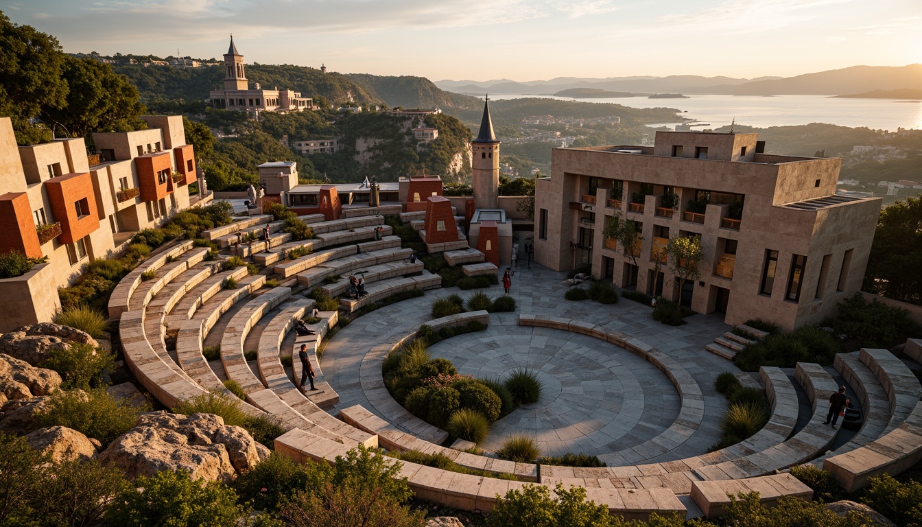 Prompt: Grand amphitheater, postmodern architecture, irregular shapes, fragmented forms, bold colors, eclectic materials, rugged stone walls, distressed wood accents, undulating terrain, lush greenery, meandering pathways, scenic overlooks, dramatic lighting, warm sunset glow, shallow depth of field, 1/2 composition, cinematic view, realistic textures, ambient occlusion.