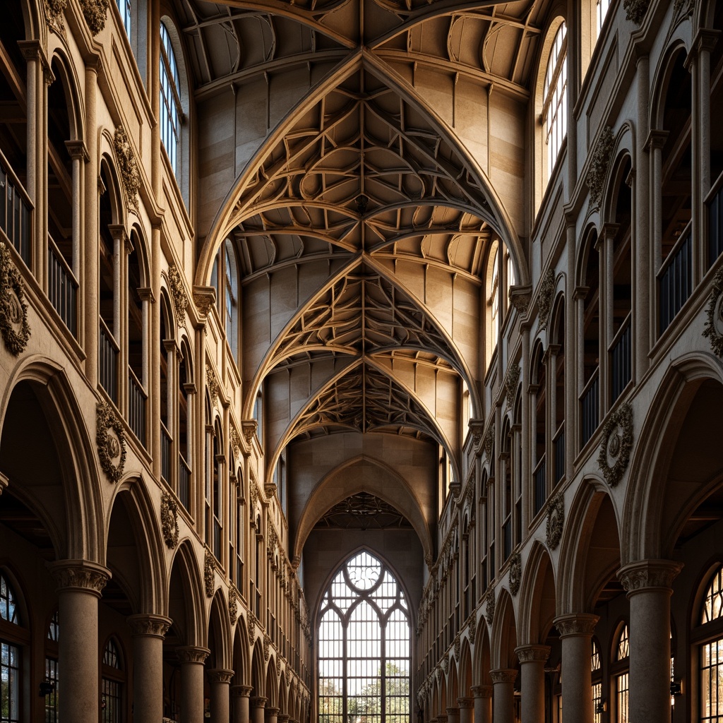 Prompt: Intricate stone carvings, ornate flying buttresses, grand cathedral architecture, ribbed vaulted ceilings, stained glass windows, dramatic verticality, soaring heights, majestic pillars, ornamental tracery, mystical ambiance, warm golden lighting, soft diffused shadows, 3/4 composition, symmetrical framing, realistic textures, ambient occlusion.