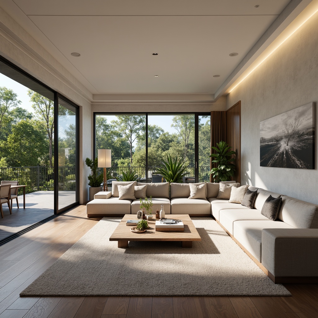 Prompt: Modern living room, sleek furniture, minimalist decor, functional layout, ample natural light, floor-to-ceiling windows, sliding glass doors, polished hardwood floors, comfortable seating areas, stylish coffee tables, decorative vases, greenery accents, soft warm lighting, 1/1 composition, shallow depth of field, realistic textures, ambient occlusion.