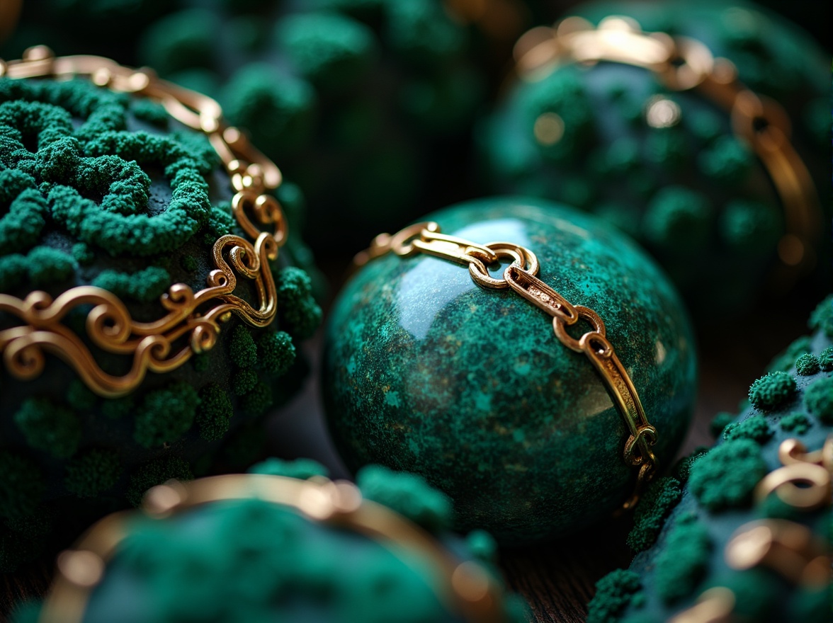 Prompt: Rich malachite gemstone, swirling patterns, deep blues, emerald greens, copper accents, earthy undertones, luxurious velvet textures, ornate gold details, mystical ambiance, dim warm lighting, shallow depth of field, 1/2 composition, realistic reflections, ambient occlusion.