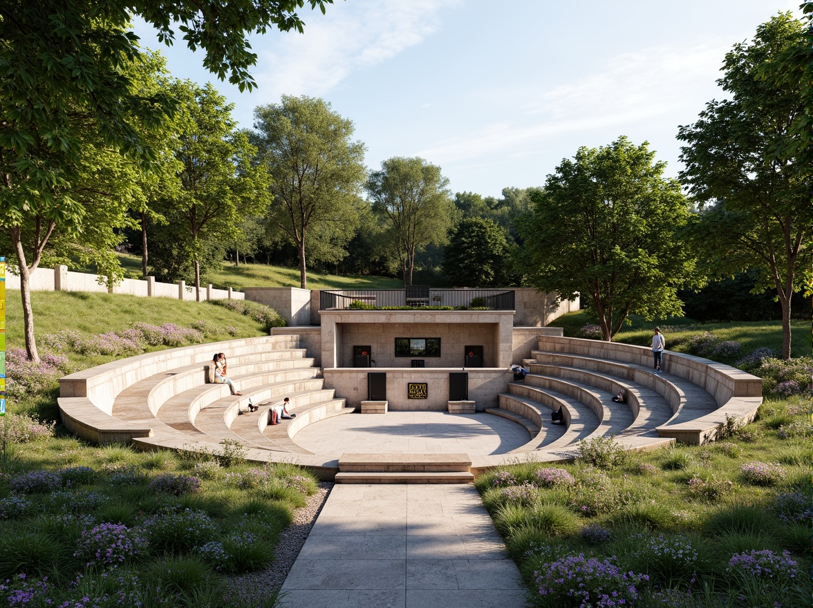 Prompt: Natural stone amphitheater, tiered seating, lush green surroundings, vibrant flowers, warm sunny day, soft gentle breeze, acoustic sound systems, suspended speakers, curved lines, modern architecture, sleek metal railings, wooden benches, educational signs, ambient lighting, shallow depth of field, 3/4 composition, panoramic view, realistic textures, subtle shadows.