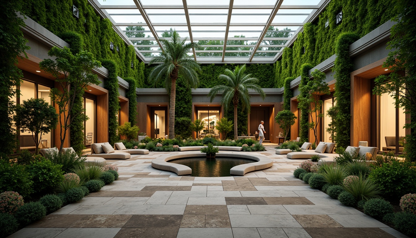 Prompt: Lush green walls, natural stone floors, reclaimed wood accents, living roofs, verdant courtyards, organic shapes, curved lines, earthy tones, abundant daylight, clerestory windows, skylights, solar tubes, bioluminescent lighting, water features, koi ponds, green screens, trellises, vines, botanical patterns, natural ventilation systems, passive design strategies, sustainable building materials, eco-friendly furnishings, serene ambiance, soft warm lighting, shallow depth of field, 3/4 composition, panoramic view, realistic textures, ambient occlusion.