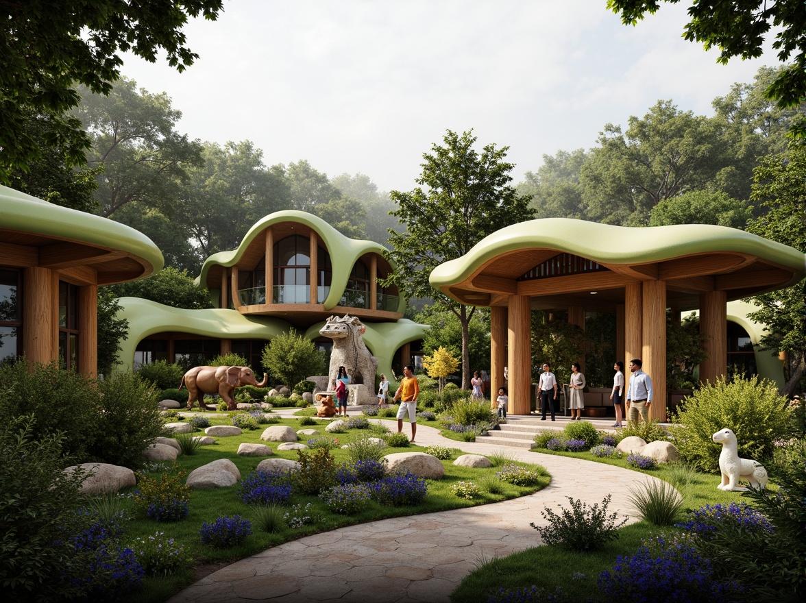 Prompt: Whimsical zoo entrance, undulating organic forms, vibrant green roofs, wavy wooden structures, natural stone walls, playful animal sculptures, meandering pathways, lush tropical plants, exotic flowers, misty atmosphere, soft warm lighting, shallow depth of field, 1/1 composition, panoramic view, realistic textures, ambient occlusion, futuristic biomimicry elements, curved lines, irregular shapes, earthy color palette, natural ventilation systems, eco-friendly materials, innovative water features.