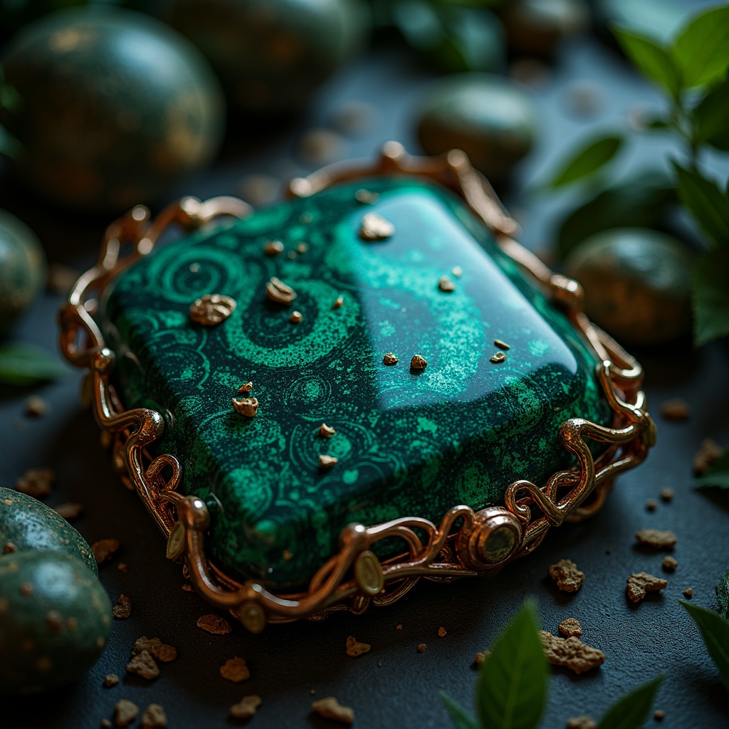 Prompt: Rich malachite gemstone, swirling patterns, deep blues, emerald greens, copper accents, earthy undertones, luxurious velvet textures, ornate gold details, mystical ambiance, dim warm lighting, shallow depth of field, 1/2 composition, realistic reflections, ambient occlusion.