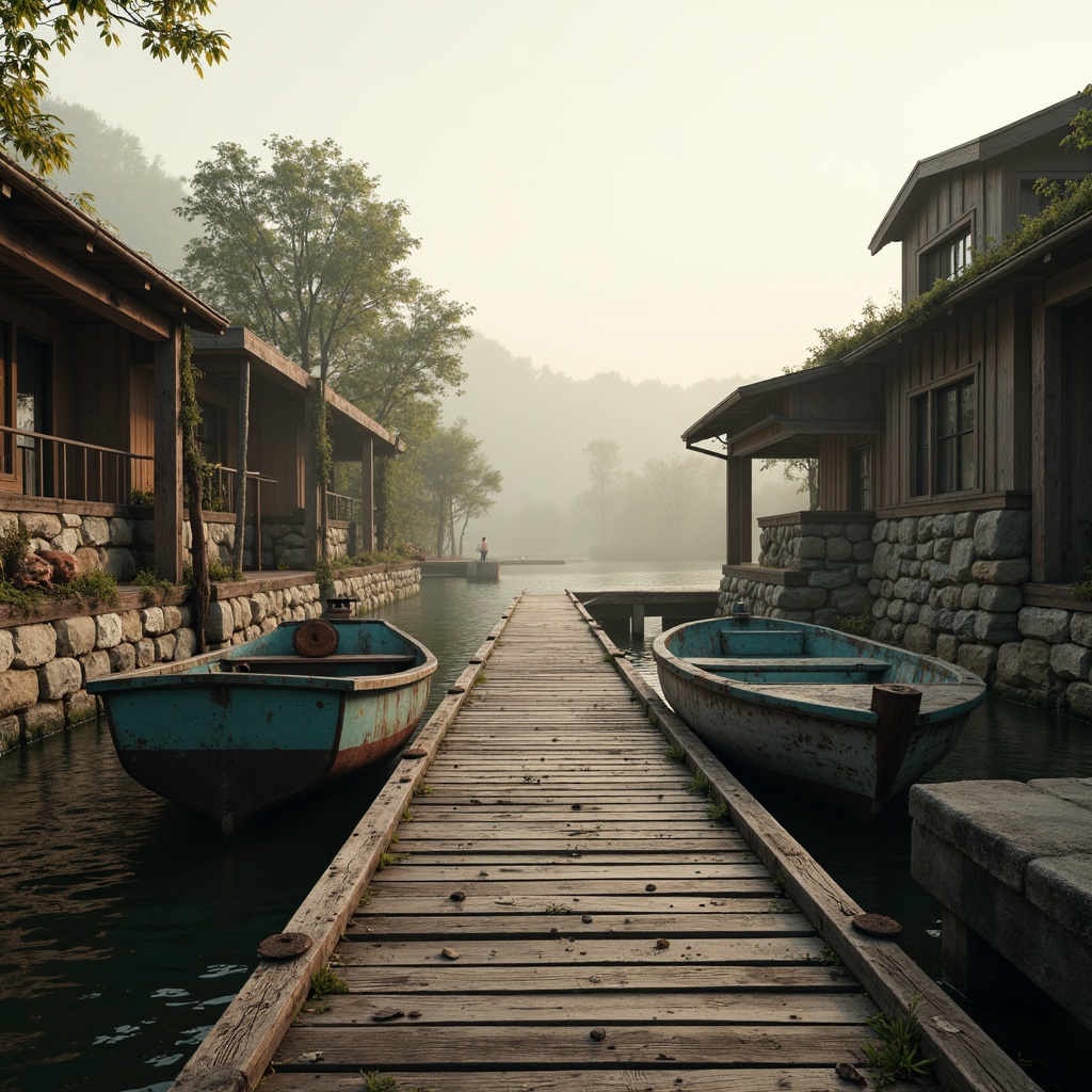 Prompt: Rustic wooden docks, weathered boat hulls, nautical ropes, distressed metal accents, reclaimed wood planks, earthy stone foundations, moss-covered roofs, serene lake surroundings, misty morning atmosphere, soft warm lighting, shallow depth of field, 3/4 composition, panoramic view, realistic textures, ambient occlusion.