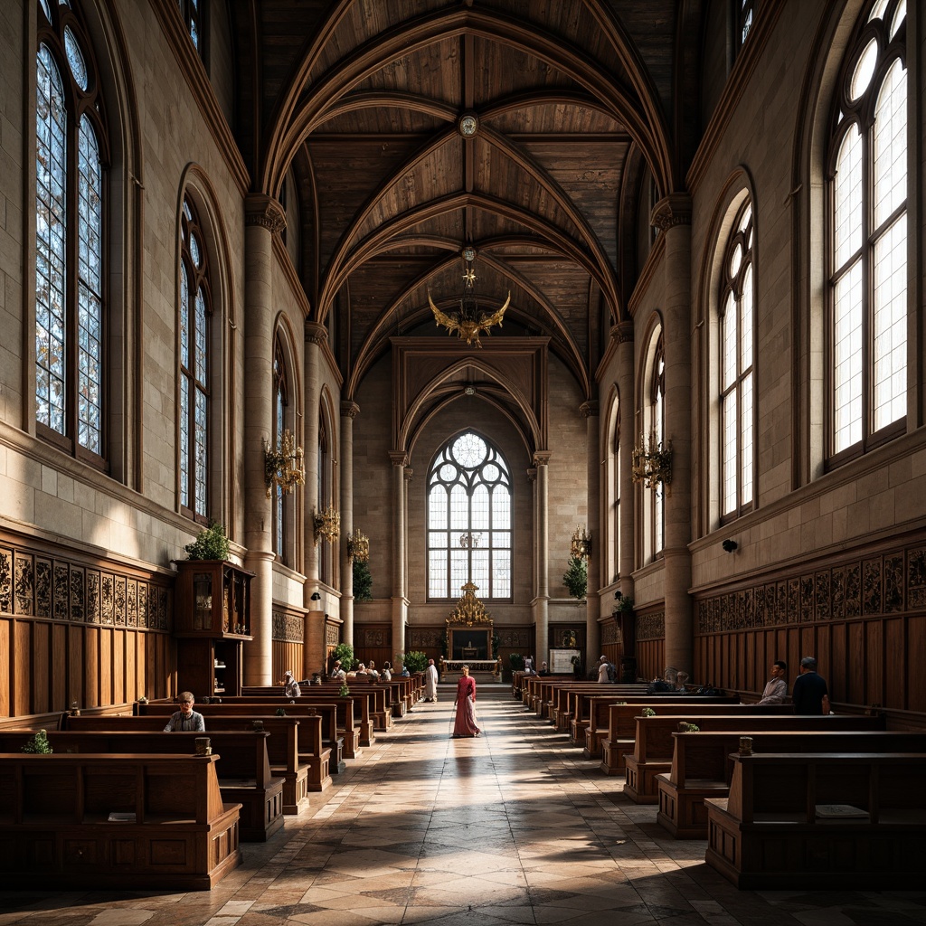 Prompt: Intricate stone carvings, ornate wooden pews, stained glass windows, grandiose vaulted ceilings, rustic brick walls, weathered copper roofing, intricate marble flooring, lavish golden ornaments, mystical ambiance, soft warm lighting, dramatic shadows, 1/1 composition, symmetrical framing, realistic textures, ambient occlusion, fusion of modern minimalism and ancient Gothic Revival styles.