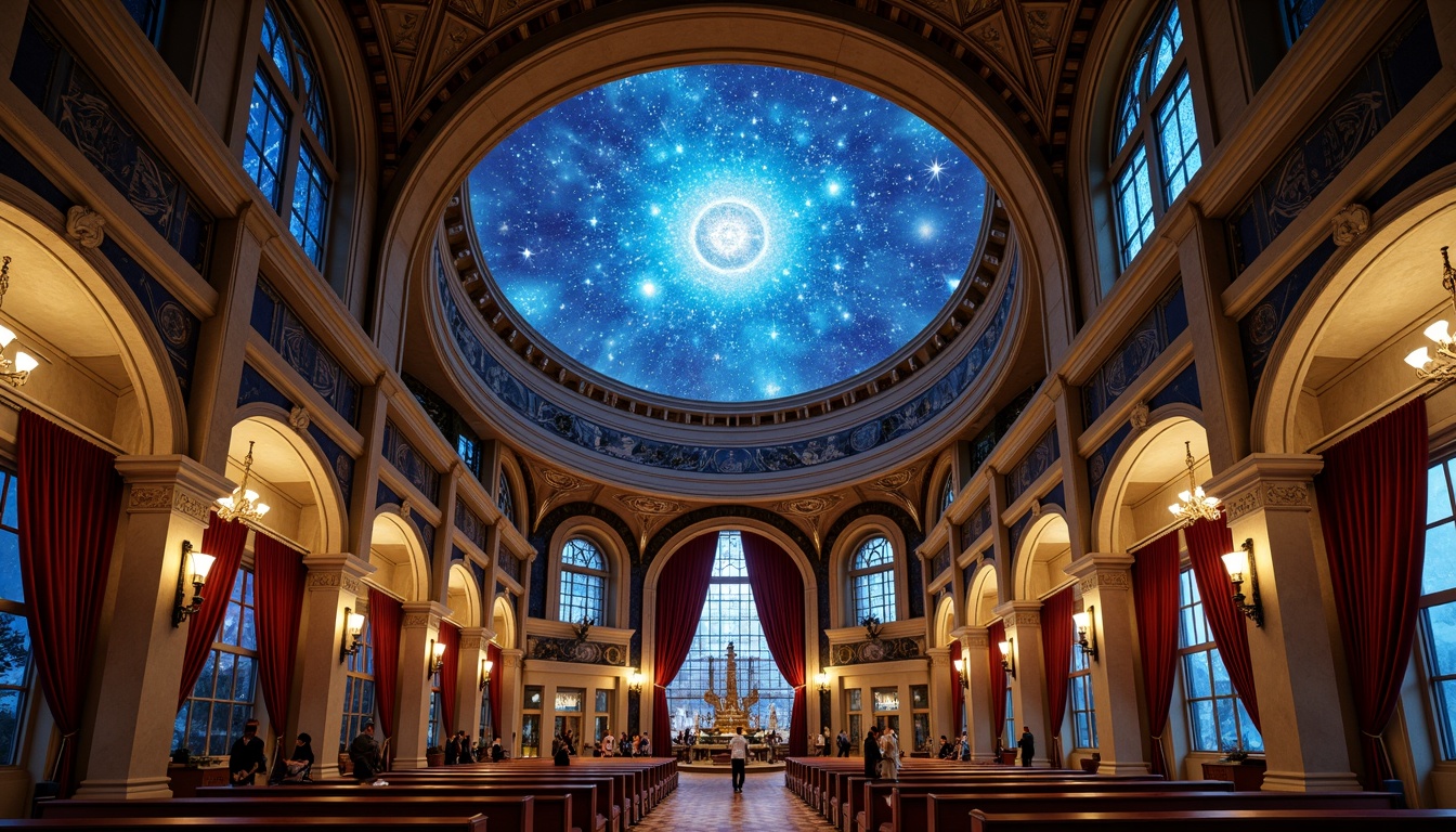 Prompt: Celestial planetarium dome, intricate gothic arches, ornate stone carvings, stained glass windows, vibrant astronomical patterns, starry night sky, majestic vaulted ceilings, grandiose chandeliers, luxurious velvet drapes, mystical ambiance, soft ethereal lighting, dramatic shadows, 1/1 composition, symmetrical framing, realistic textures, ambient occlusion, innovative roofing systems, solar panels integration, green roofs, eco-friendly materials, futuristic architectural details.