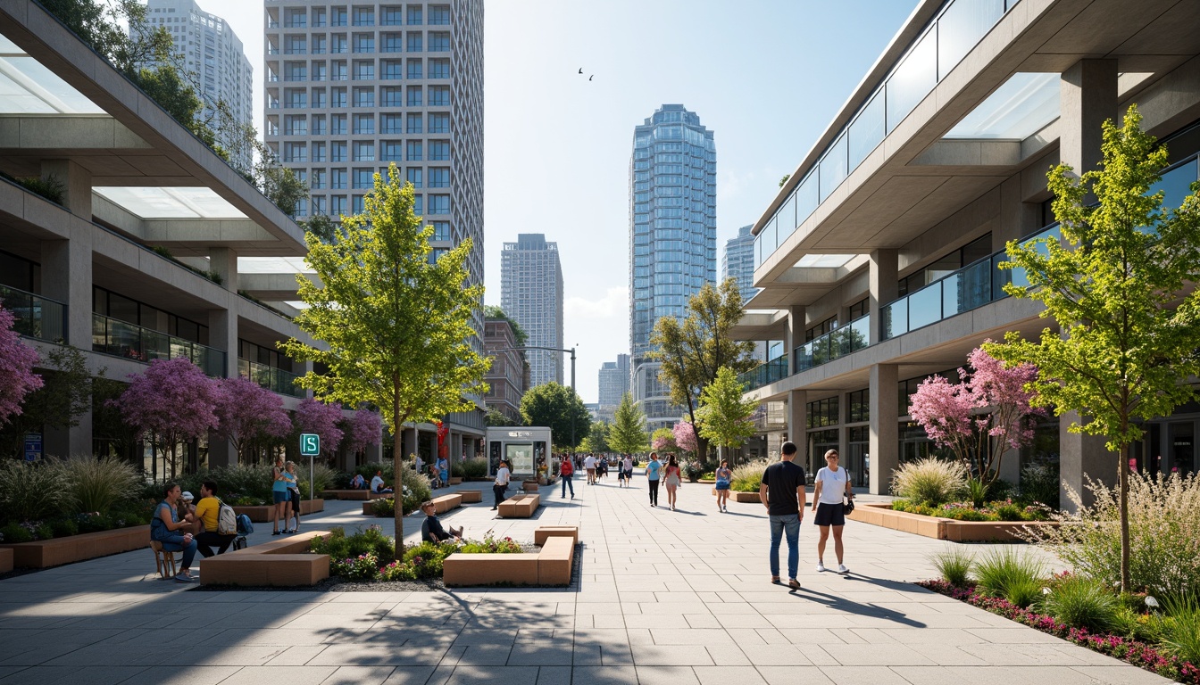 Prompt: Vibrant transportation hub, bustling city square, modern architecture, sleek glass roofs, natural stone flooring, lush greenery, vibrant flowers, public art installations, comfortable seating areas, pedestrian-friendly walkways, cyclist lanes, electric vehicle charging stations, futuristic lighting systems, shallow depth of field, 3/4 composition, panoramic view, realistic textures, ambient occlusion.