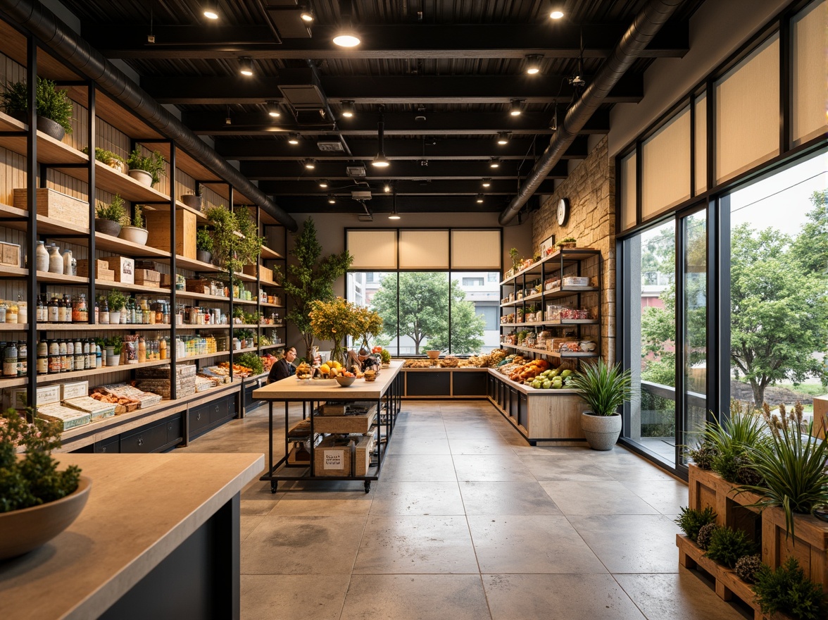 Prompt: Vibrant grocery store interior, polished concrete floors, wooden shelves, metal racks, glass display cases, LED lighting, natural stone walls, earthy color palette, organic produce stands, fresh flower arrangements, modern minimalist decor, eco-friendly materials, sustainable building practices, energy-efficient systems, abundant natural light, shallow depth of field, 1/1 composition, realistic textures, ambient occlusion.