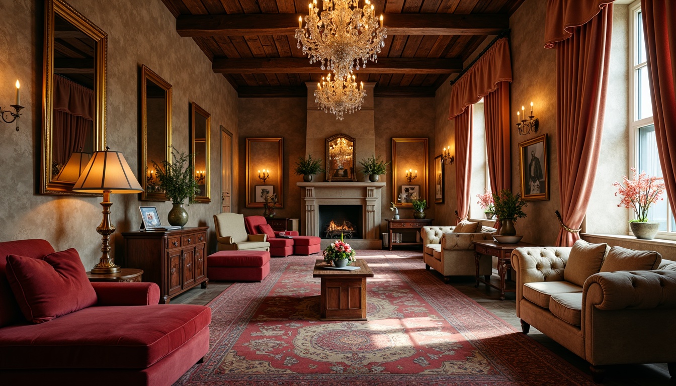 Prompt: Luxurious velvet drapes, ornate golden frames, soft candlelight, distressed wooden furniture, plush area rugs, vintage floral patterns, delicate lace curtains, antique decorative accents, rich jewel-toned colors, opulent crystal chandeliers, intimate cozy nooks, curved lines, whimsical feminine touches, warm beige walls, rustic stone fireplaces, lavish tufted upholstery, dreamy ethereal ambiance, shallow depth of field, 1/1 composition, soft focus, warm golden lighting.