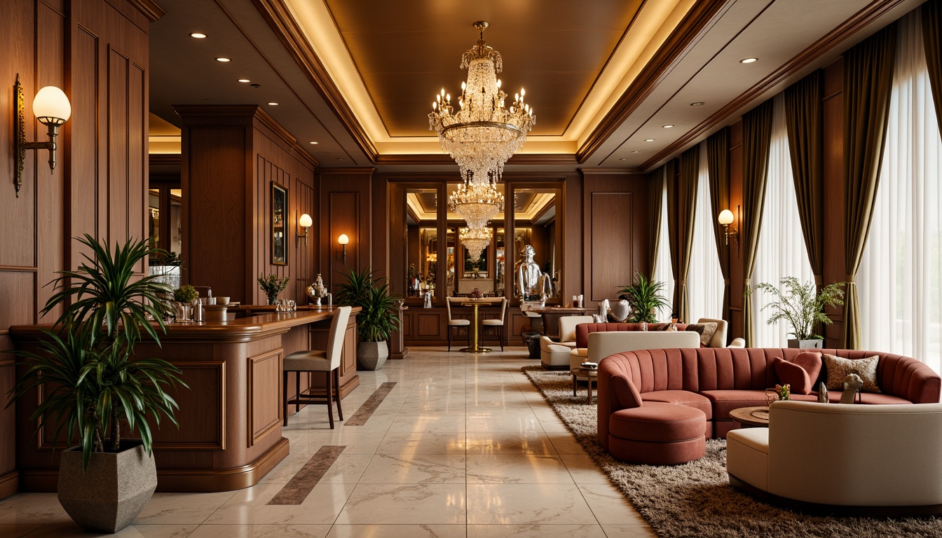 Prompt: Luxurious interior, rich wood accents, polished marble floors, velvet upholstery, metallic gold fixtures, crystal chandeliers, soft ambient lighting, warm beige walls, plush area rugs, ornate mirrors, elegant curves, sophisticated lines, opulent fabrics, lavish decorations, refined textures, high-end materials, sumptuous atmosphere, dramatic shadows, 1/1 composition, shallow depth of field, realistic reflections.