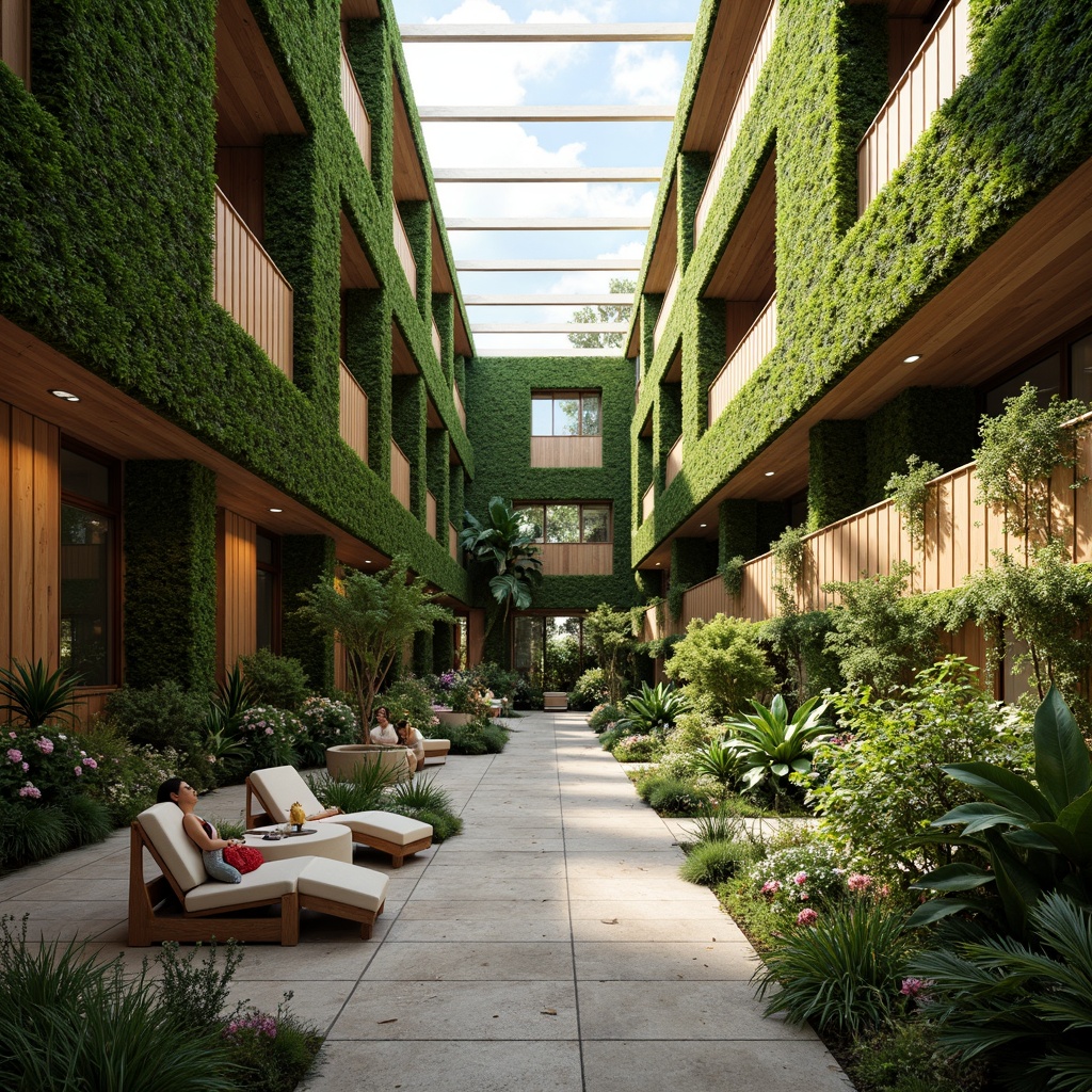 Prompt: Vibrant atrium, lush green walls, natural stone floors, wooden accents, floor-to-ceiling windows, clerestory windows, skylights, open spaces, minimalist decor, earthy tones, warm ambiance, soft diffused lighting, 1/1 composition, shallow depth of field, realistic textures, ambient occlusion, sustainable architecture, eco-friendly materials, energy-efficient systems, passive solar design, organic shapes, flowing curves, harmonious balance.