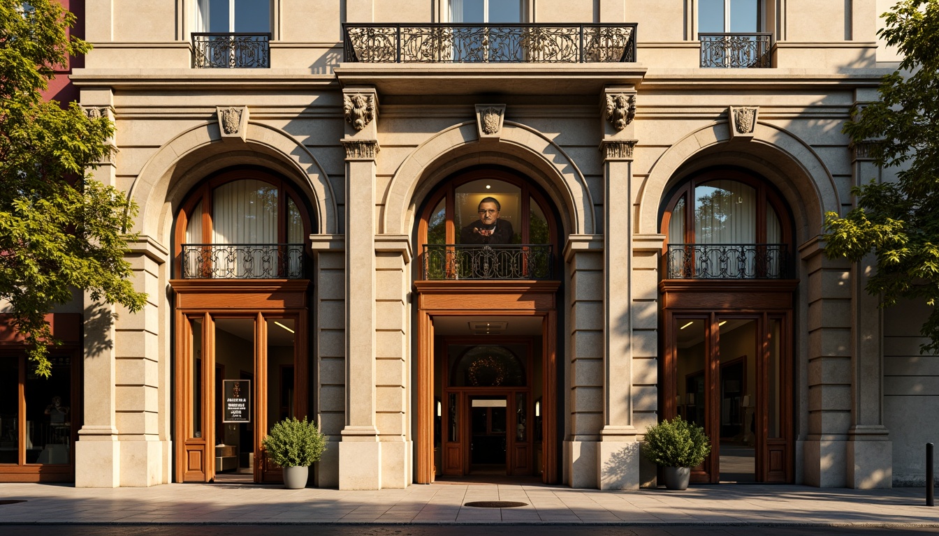 Prompt: Ornate bank facade, Romanesque arches, rusticated stone walls, grand entrance, heavy wooden doors, intricate carvings, ornamental columns, vaulted ceilings, stained glass windows, warm golden lighting, shallow depth of field, 1/2 composition, symmetrical view, realistic textures, ambient occlusion, detailed stonework, classic architectural elements, luxurious atmosphere, busy urban street scene, morning sunlight, soft shadows.