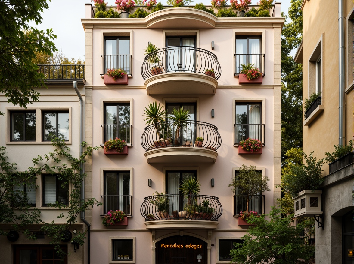 Prompt: Whimsical apartment building, ornate facades, soft pastel colors, delicate ironwork, curved balconies, romantic-era inspired architecture, lush greenery, climbing vines, flower-filled window boxes, warm golden lighting, shallow depth of field, 1/1 composition, intimate close-up shots, realistic textures, ambient occlusion, ornamental details, intricate stonework, decorative cornices, elegant entranceways.