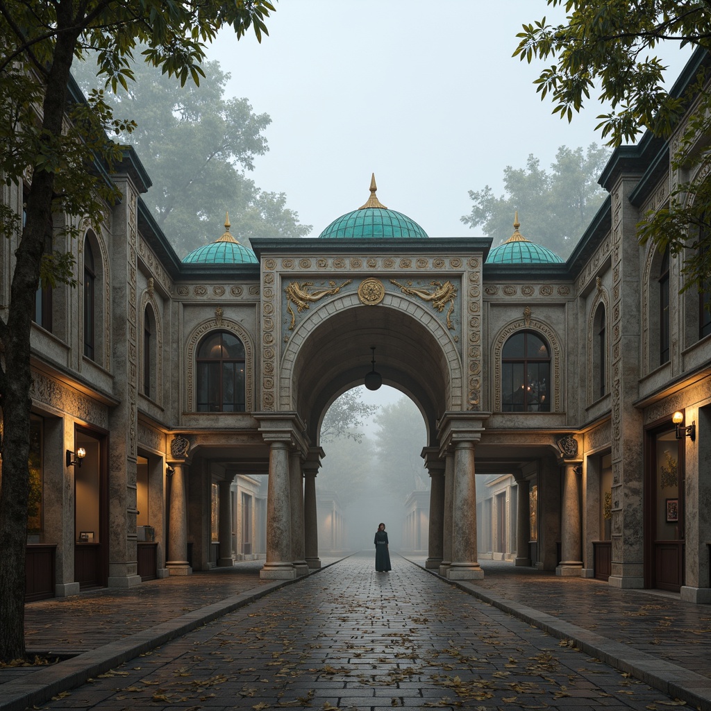 Prompt: Ancient Byzantine-inspired vehicular bridges, ornate arches, intricately carved stone facades, grandiose entrance gates, majestic pillars, vibrant turquoise domes, golden accents, rustic stonework, weathered copper roofs, mystical foggy atmosphere, soft warm lighting, shallow depth of field, 1/2 composition, symmetrical framing, realistic textures, ambient occlusion.