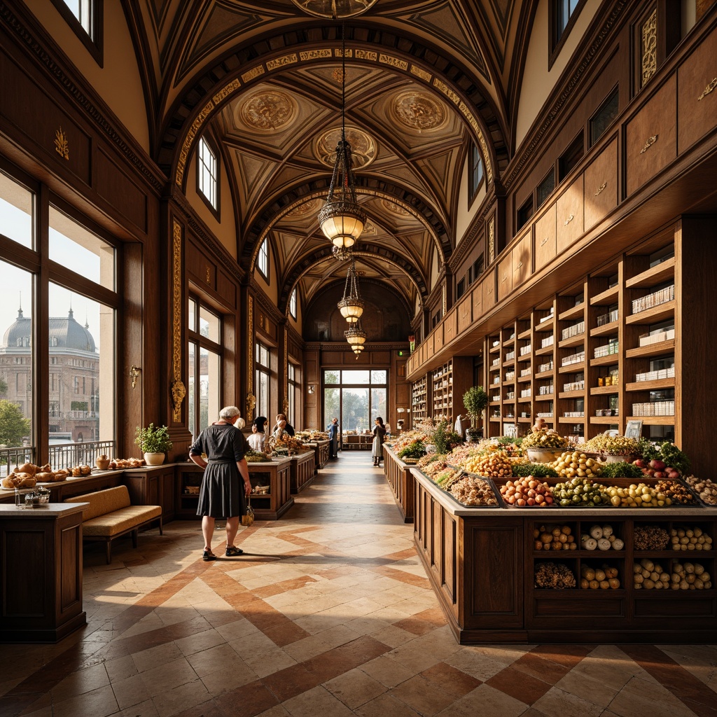 Prompt: Renaissance-style grocery store, ornate facades, arched windows, decorative cornices, grand entranceways, high ceilings, intricate moldings, polished marble floors, ornate chandeliers, wooden shelves, vintage-inspired signage, rustic brick walls, distressed wood accents, warm golden lighting, soft focus, shallow depth of field, 1/2 composition, realistic textures, ambient occlusion.