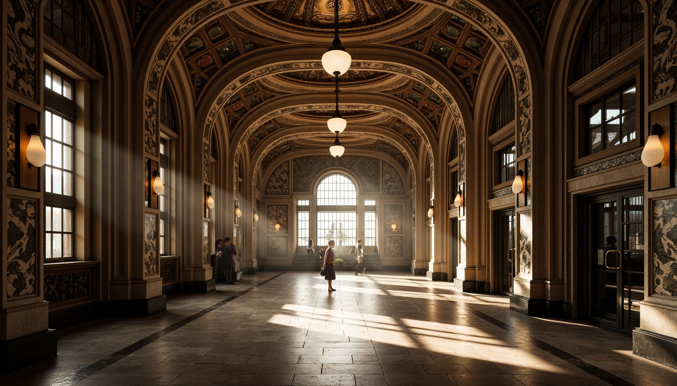 Prompt: Grandiose metro station, vaulted ceilings, ribbed arches, ornate carvings, stained glass windows, intricate mosaics, dark stone walls, polished marble floors, metallic accents, industrial lighting fixtures, dramatic shadows, warm golden illumination, atmospheric fog effects, cinematic composition, symmetrical framing, rich textures, detailed normal maps.