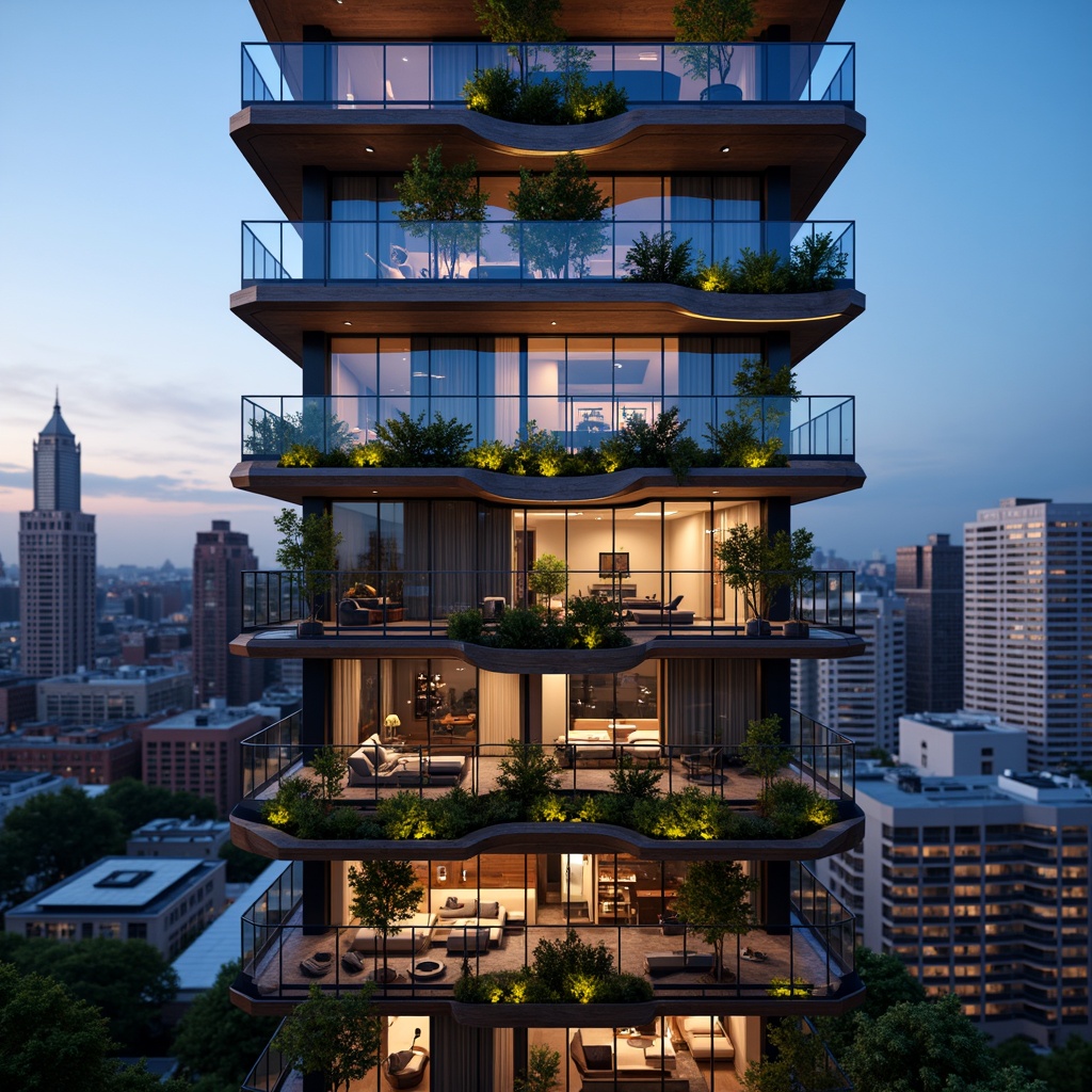 Prompt: Luxurious penthouse, futuristic facade design, sleek metallic materials, angular lines, minimalist aesthetic, floor-to-ceiling windows, panoramic city views, rooftop gardens, modern skyscraper architecture, neon lights, vibrant color schemes, reflective glass surfaces, cantilevered balconies, urban landscape, bustling metropolis, dramatic nighttime lighting, shallow depth of field, 1/1 composition, realistic textures, ambient occlusion.