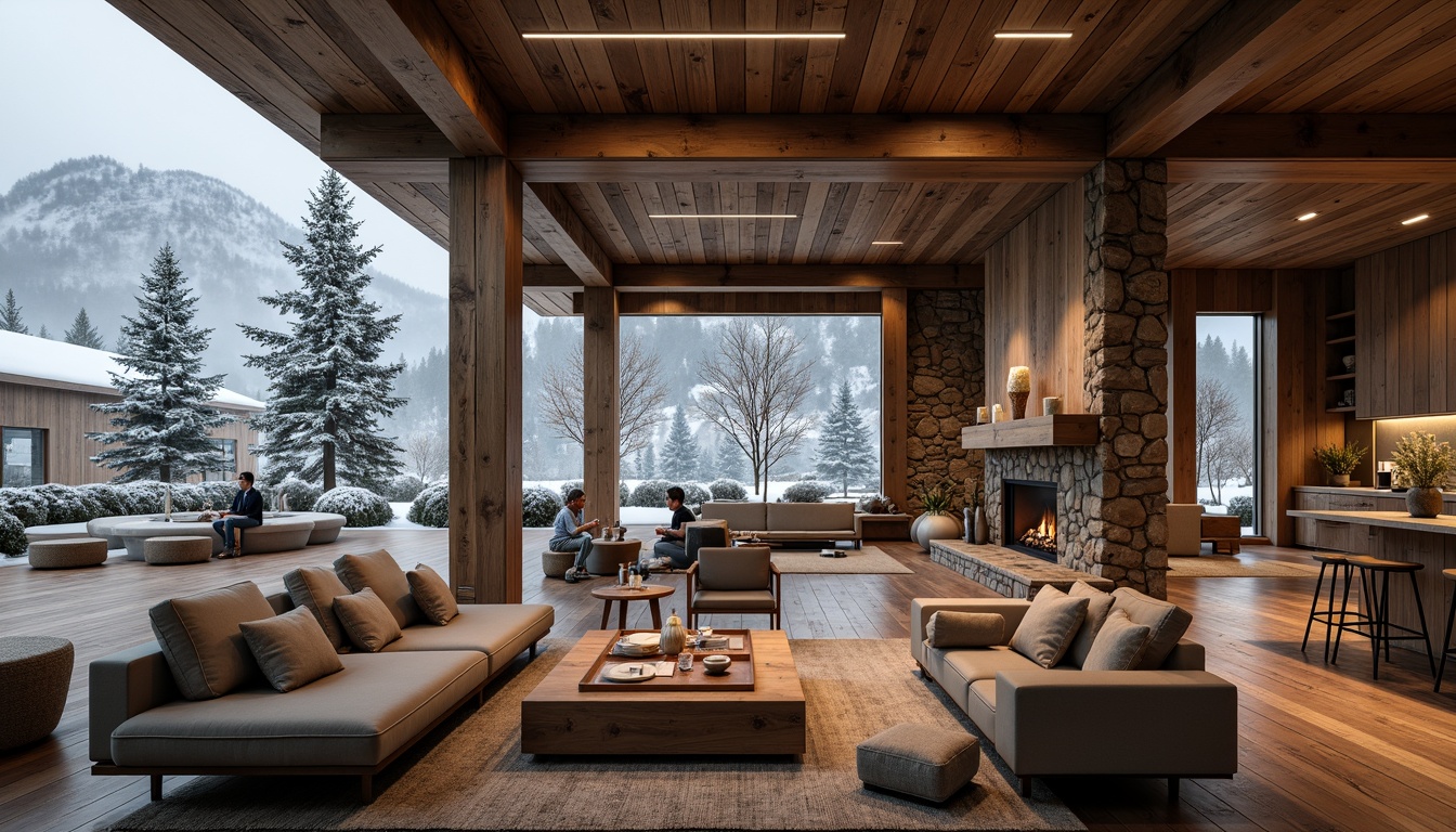 Prompt: Rustic mountain lodge, wooden accents, natural stone walls, earthy color palette, cozy fireplaces, plush furnishings, reclaimed wood floors, metal roofing, snow-covered peaks, misty atmosphere, warm ambient lighting, shallow depth of field, 1/2 composition, realistic textures, ambient occlusion, modern minimalist decor, industrial-style lighting fixtures, comfortable seating areas, social gathering spaces, communal kitchen facilities, eco-friendly building materials, sustainable energy systems.