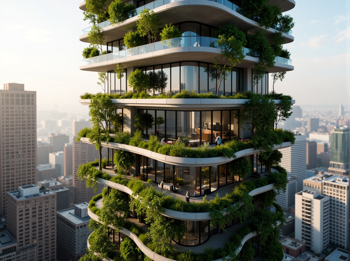 Prompt: Urban skyscraper, sleek modern architecture, green walls, lush vertical gardens, thriving plants, natural ventilation systems, energy-efficient design, sustainable living spaces, floor-to-ceiling windows, panoramic city views, misty morning light, soft warm ambiance, shallow depth of field, 3/4 composition, realistic textures, ambient occlusion.