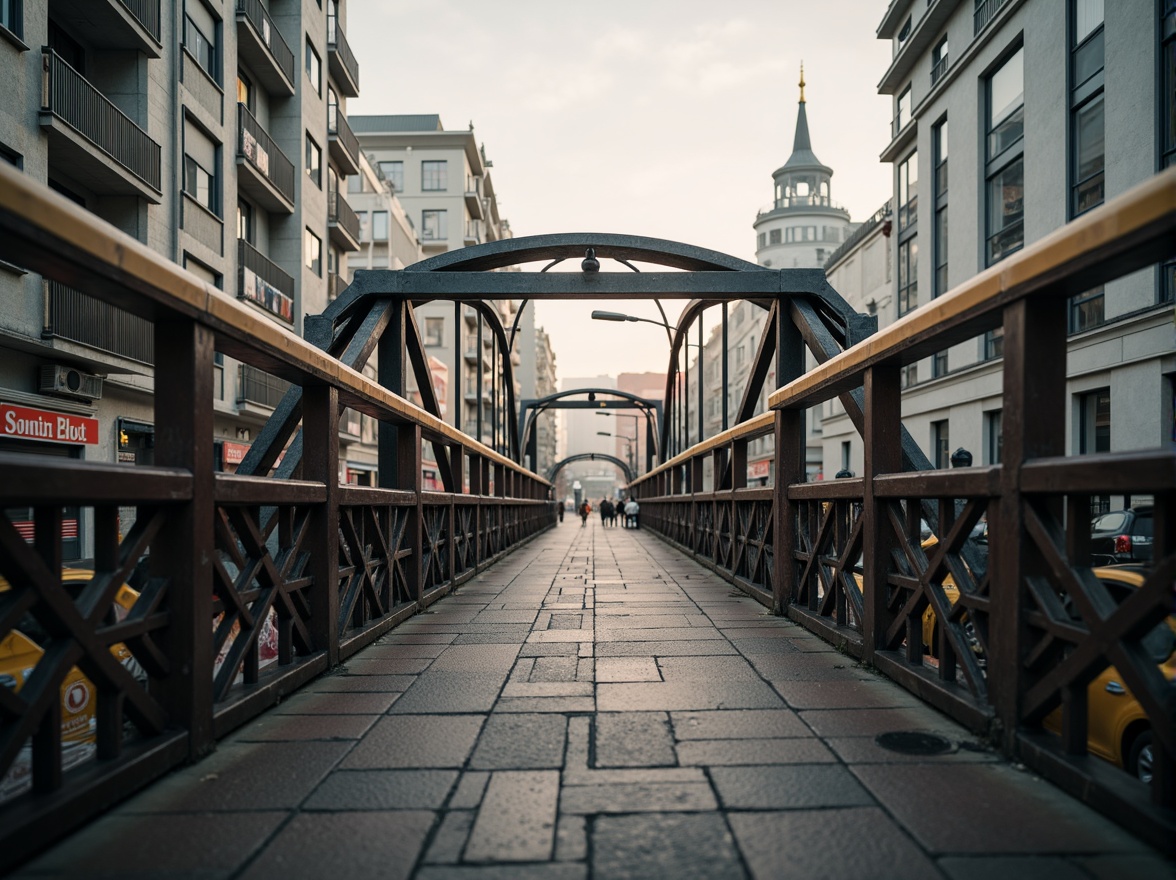 Prompt: Art Deco bridge, ornate metal railings, symmetrical arches, geometric patterns, chevron motifs, zigzag designs, metallic luster, urban cityscape, misty morning light, soft warm glow, shallow depth of field, 1/2 composition, realistic textures, ambient occlusion.